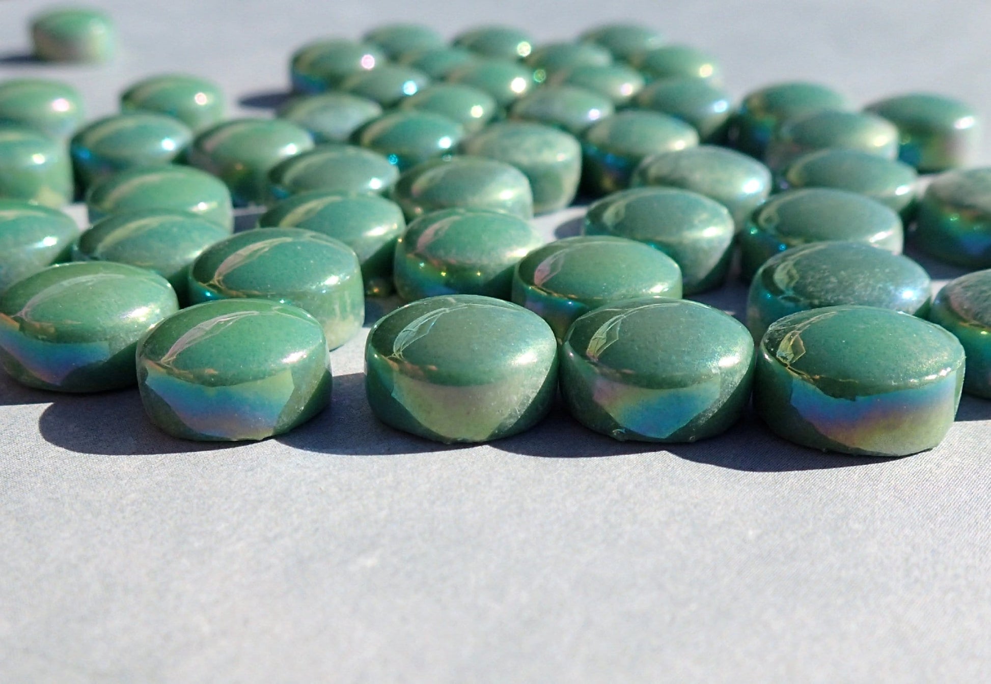 Leaf Green Iridescent Glass Drops Mosaic Tiles - 100 grams - 12mm Glass Gems - Over 60 Tiles