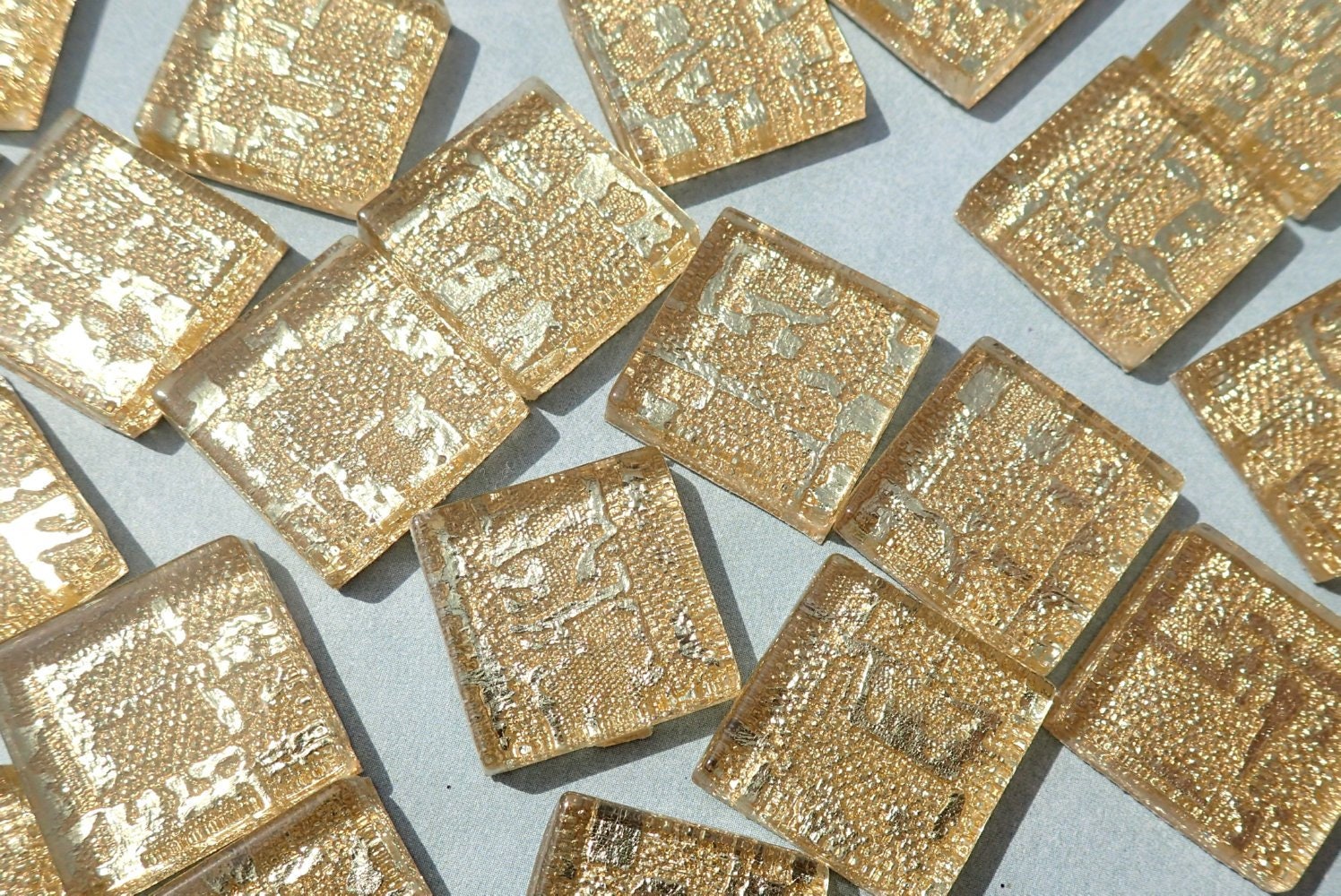 Textured Gold Foil Square Tiles - 25 Glass Mosaic Tiles - 20mm