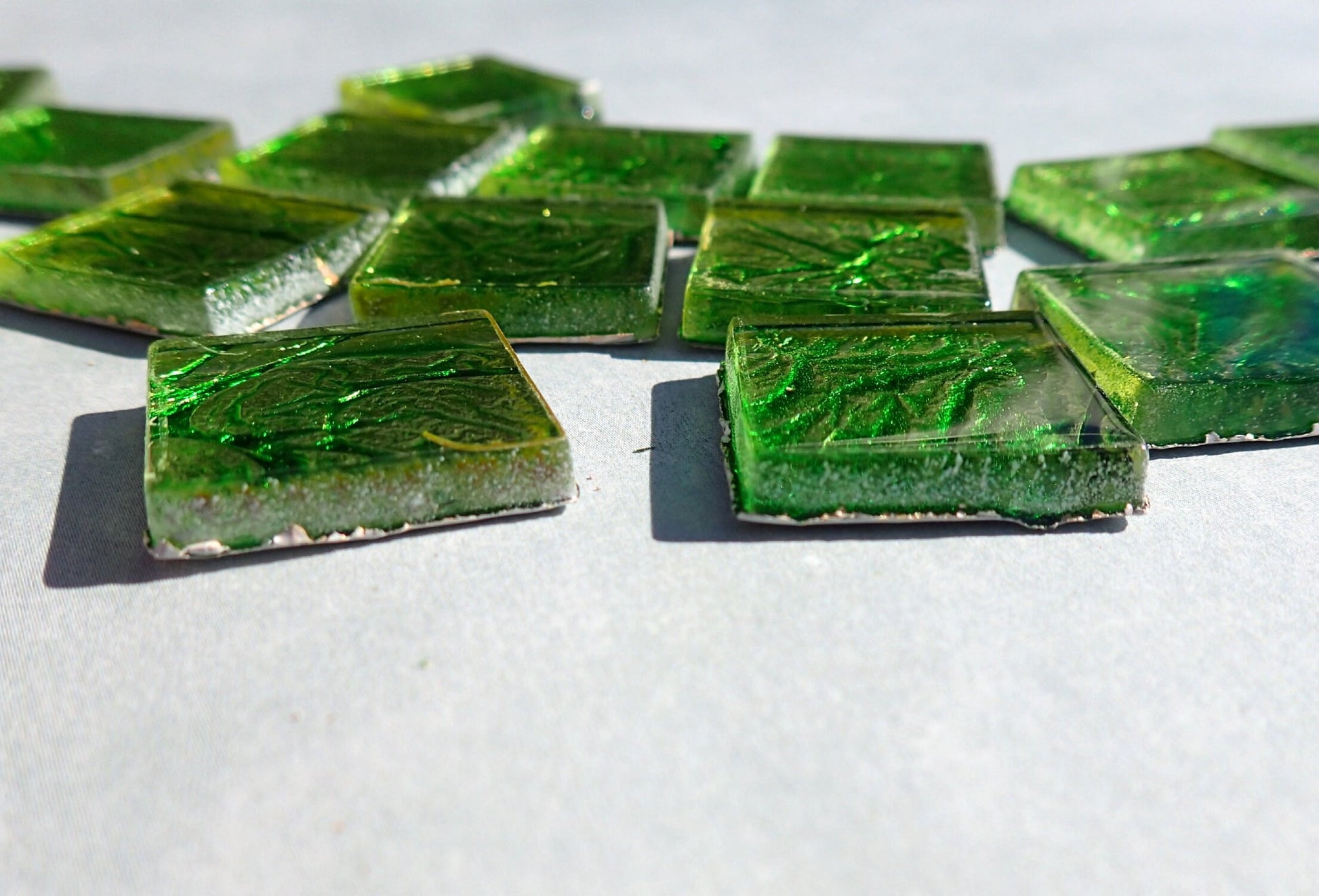 Green Foil Square Tiles - 25 Glass Mosaic Tiles - 20mm