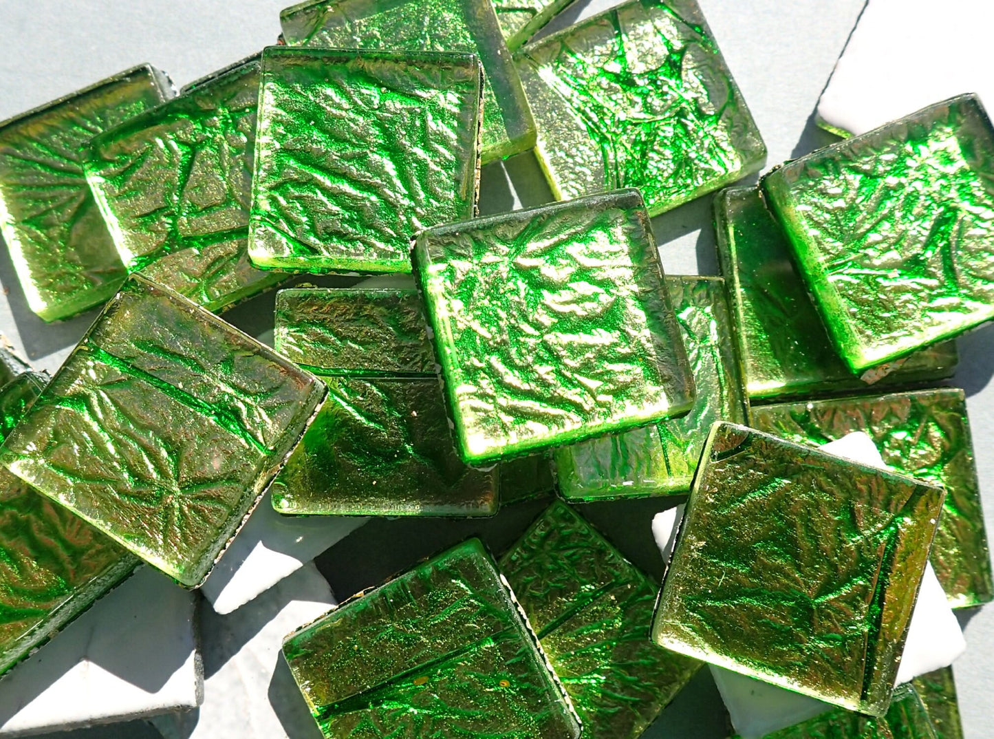 Green Foil Square Tiles - 25 Glass Mosaic Tiles - 20mm