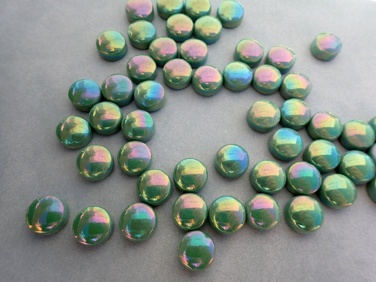 Leaf Green Iridescent Glass Drops Mosaic Tiles - 100 grams - 12mm Glass Gems - Over 60 Tiles