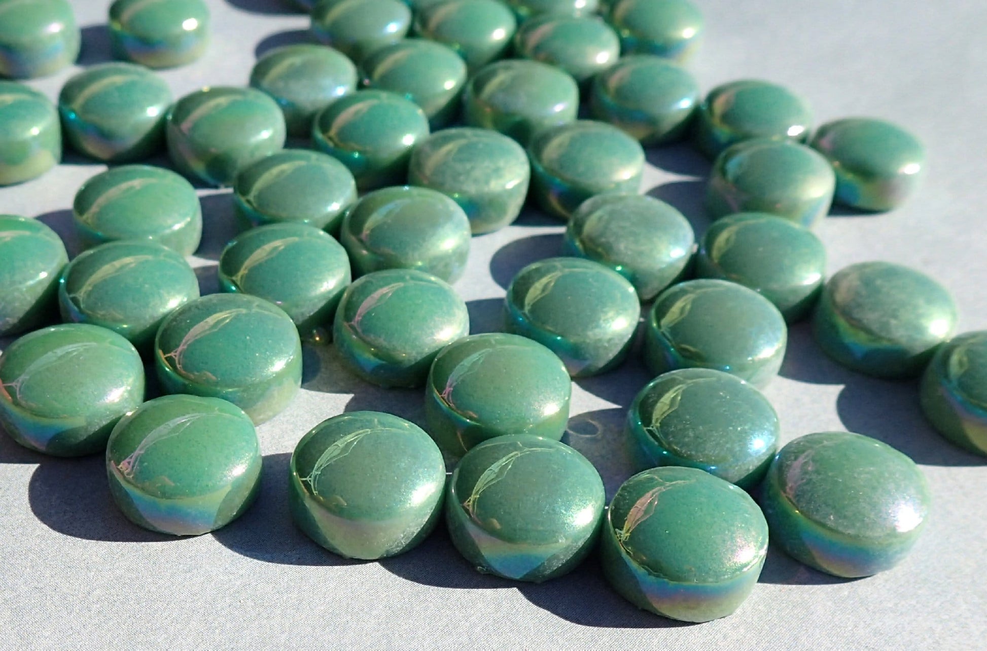 Leaf Green Iridescent Glass Drops Mosaic Tiles - 100 grams - 12mm Glass Gems - Over 60 Tiles