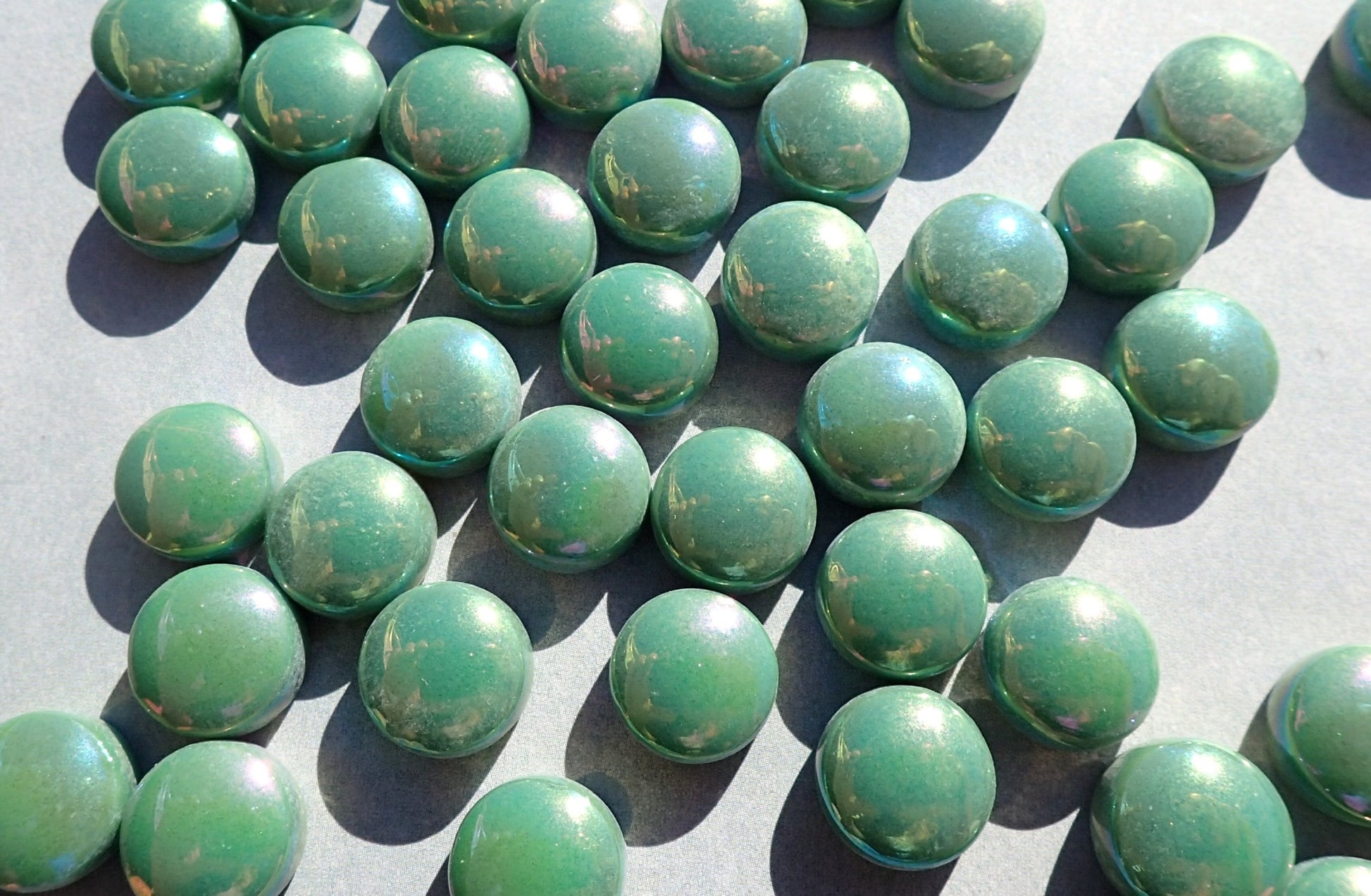 Leaf Green Iridescent Glass Drops Mosaic Tiles - 100 grams - 12mm Glass Gems - Over 60 Tiles