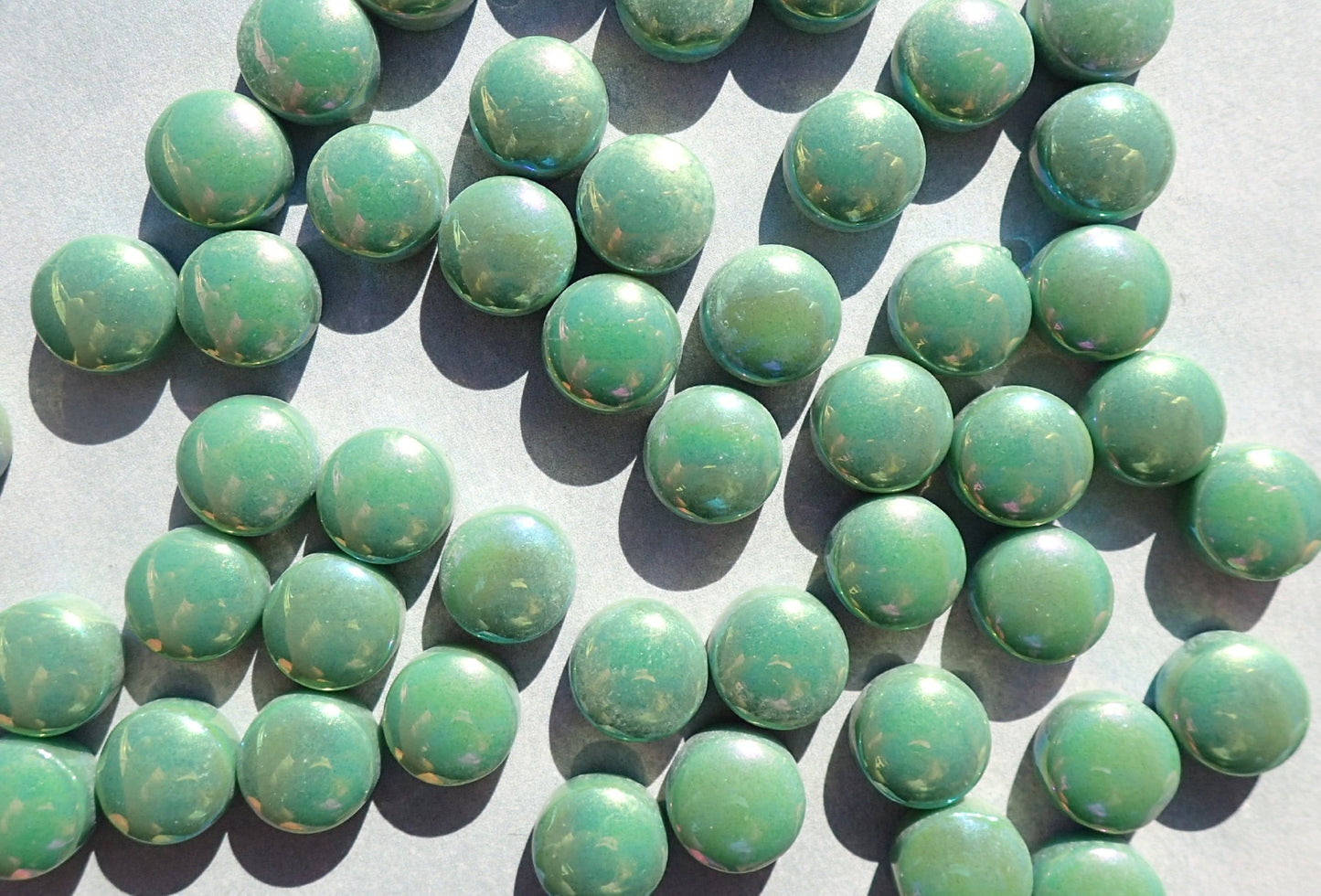 Leaf Green Iridescent Glass Drops Mosaic Tiles - 100 grams - 12mm Glass Gems - Over 60 Tiles