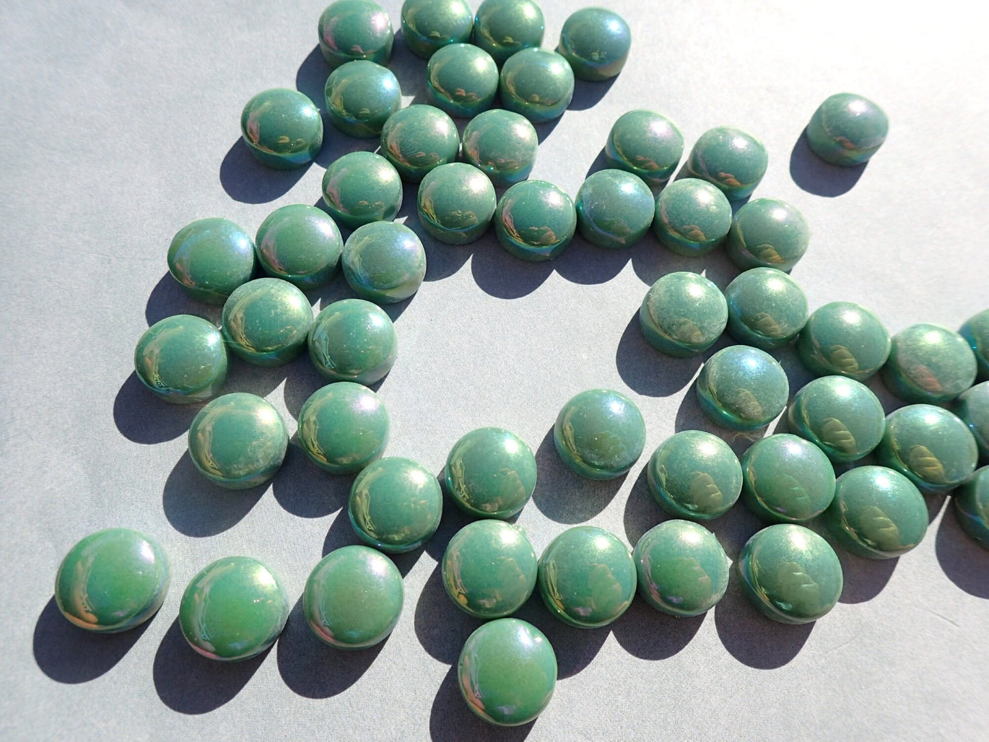 Leaf Green Iridescent Glass Drops Mosaic Tiles - 100 grams - 12mm Glass Gems - Over 60 Tiles