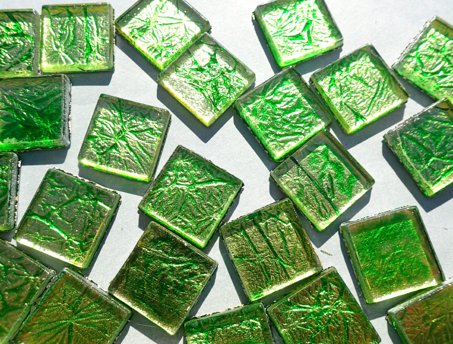 Green Foil Square Tiles - 25 Glass Mosaic Tiles - 20mm