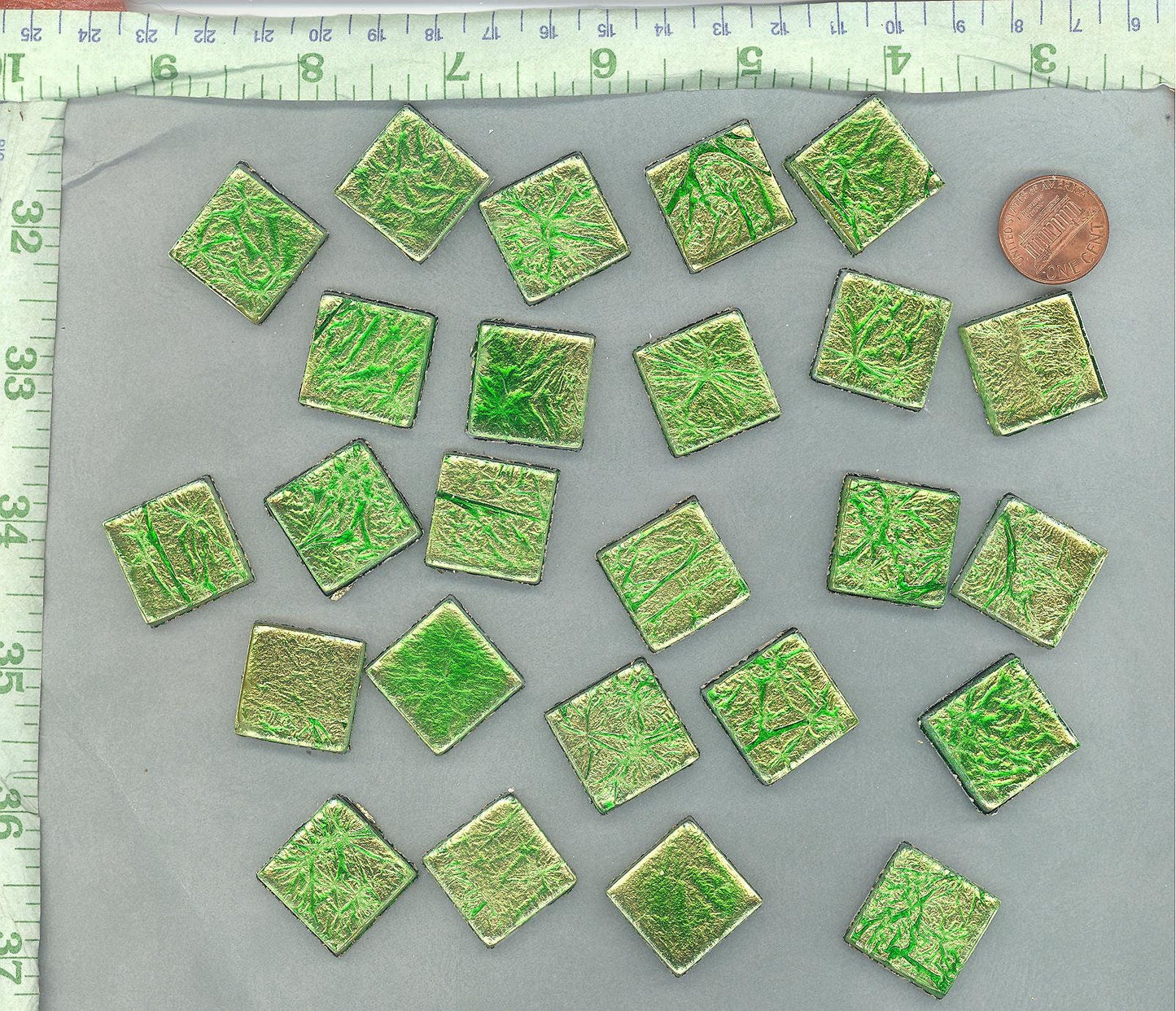 Green Foil Square Tiles - 25 Glass Mosaic Tiles - 20mm