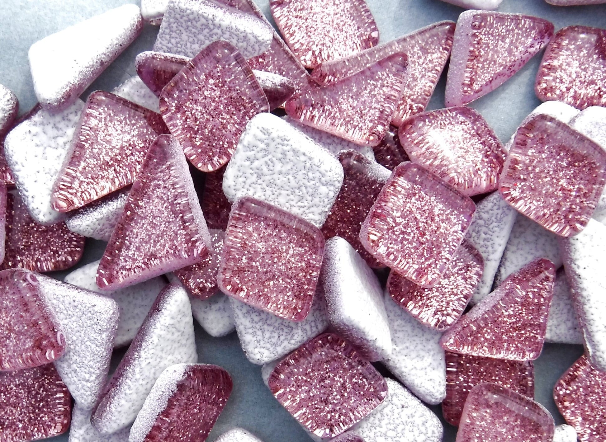 Pink Glitter Puzzle Tiles - 100 grams in Assorted Shapes - Mauve Glass Mosaic Tiles