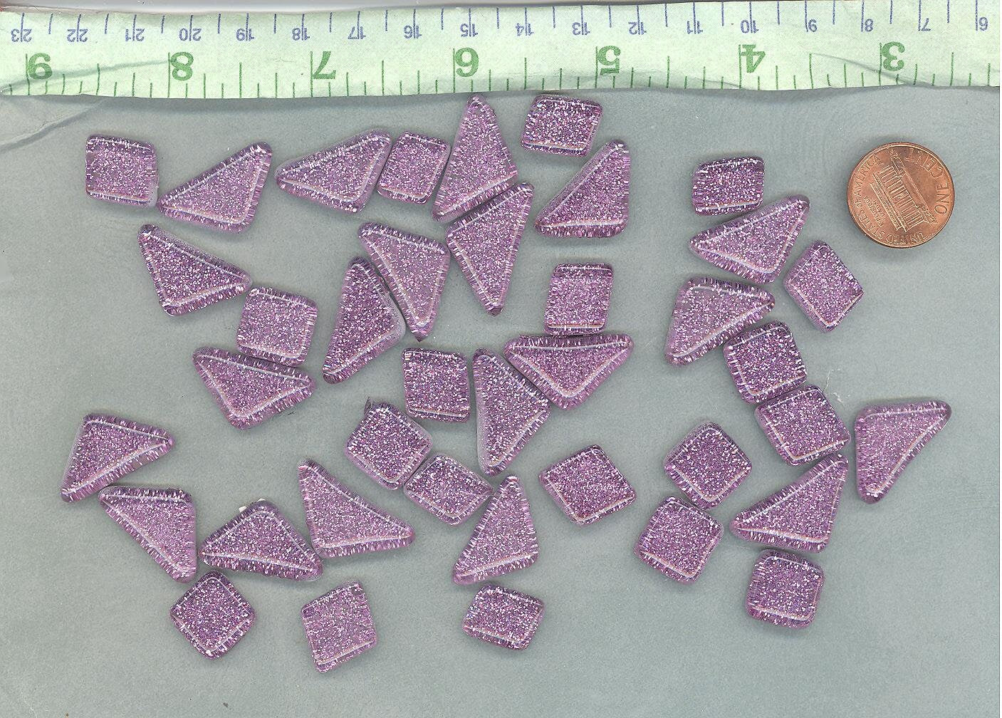 Purple Glitter Puzzle Tiles - 100 grams in Assorted Shapes - Lavender Glass Mosaic Tiles