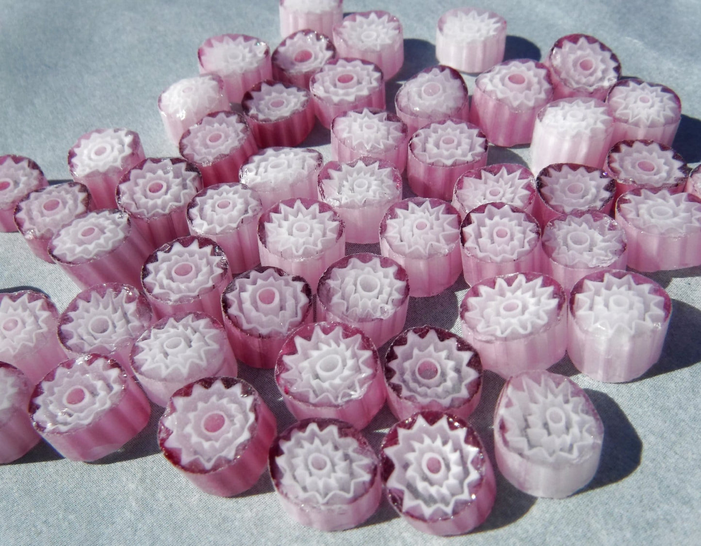 White Flowers in Pink Millefiori - 25 grams - Unique Mosaic Glass Tiles - Floral Pattern