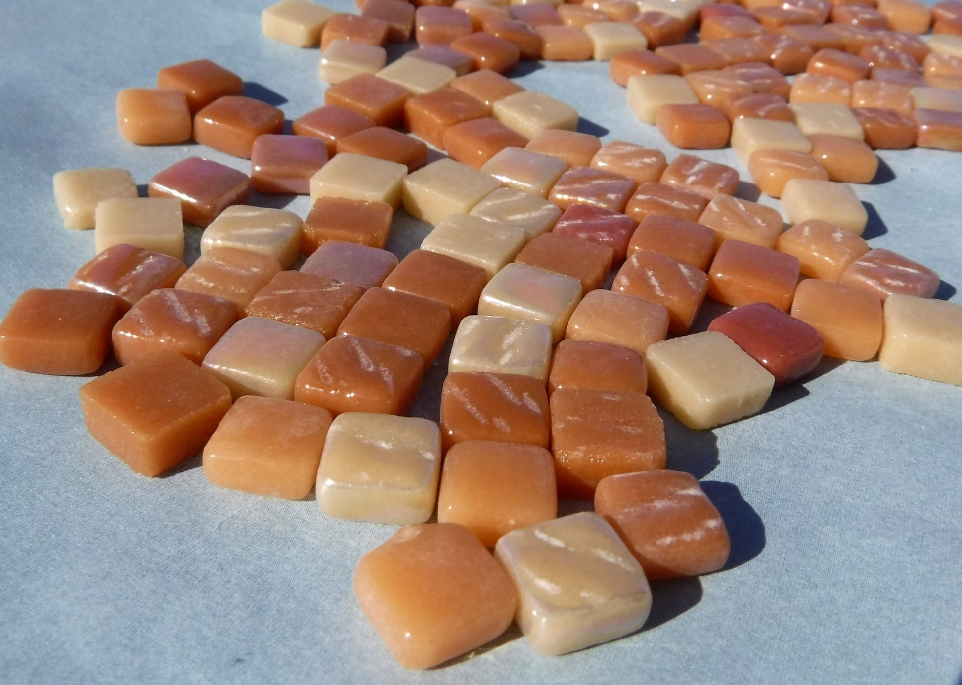 Caramel Mix Mini Glass Tiles - 8mm Square - 50 grams Opaque Glass Solid Color Mix of Bright and Pale Brown Iridescent and Matte Tiles