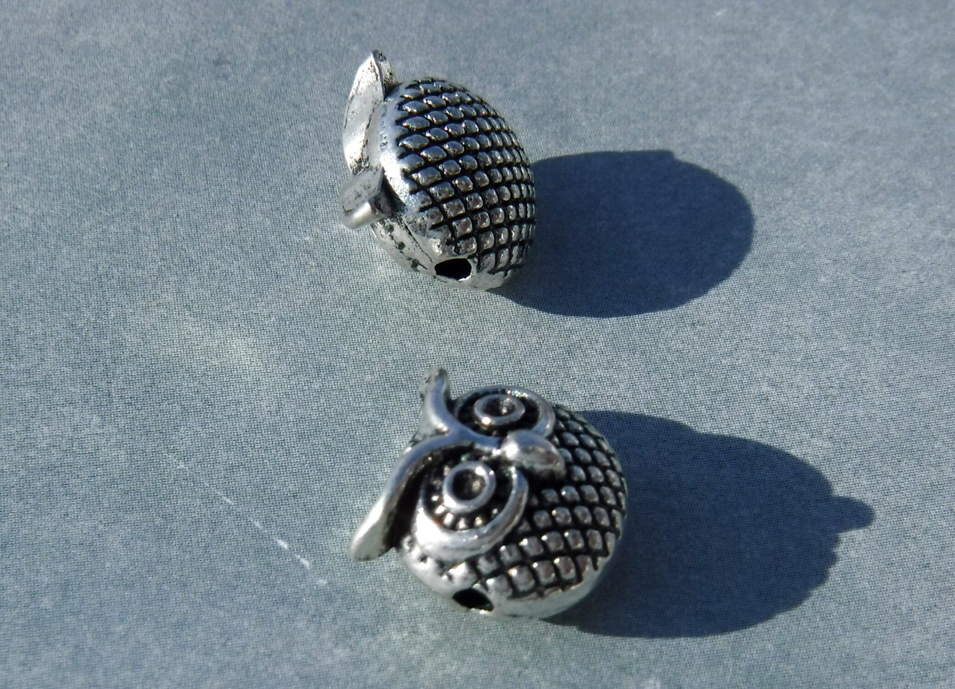 Metal Owl Beads - Silver-Toned 11mm Round Puffy - 10 Beads