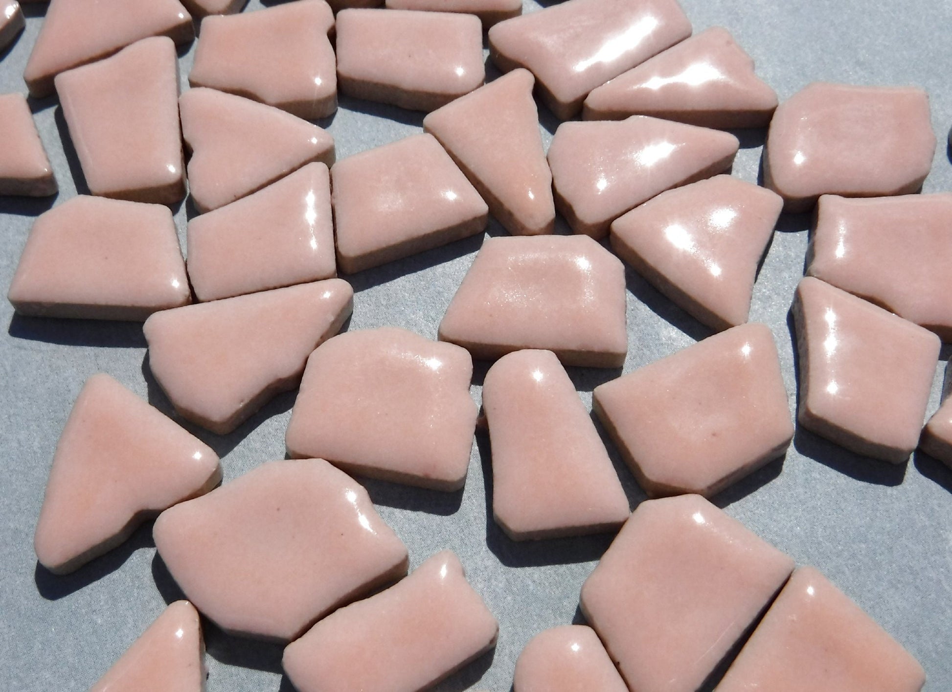 Pale Pink Mosaic Ceramic Tiles - Jigsaw Puzzle Shaped Pieces - Half Pound - Assorted Sizes Random Shapes