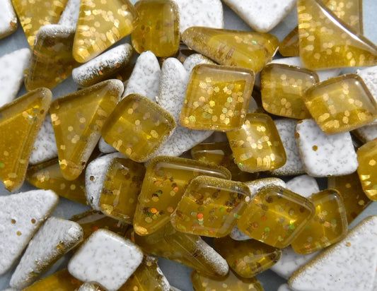 Harvest Gold Glitter Puzzle Tiles - 100 grams in Assorted Shapes Glass Mosaic Tiles with Chunky Gold Glitter