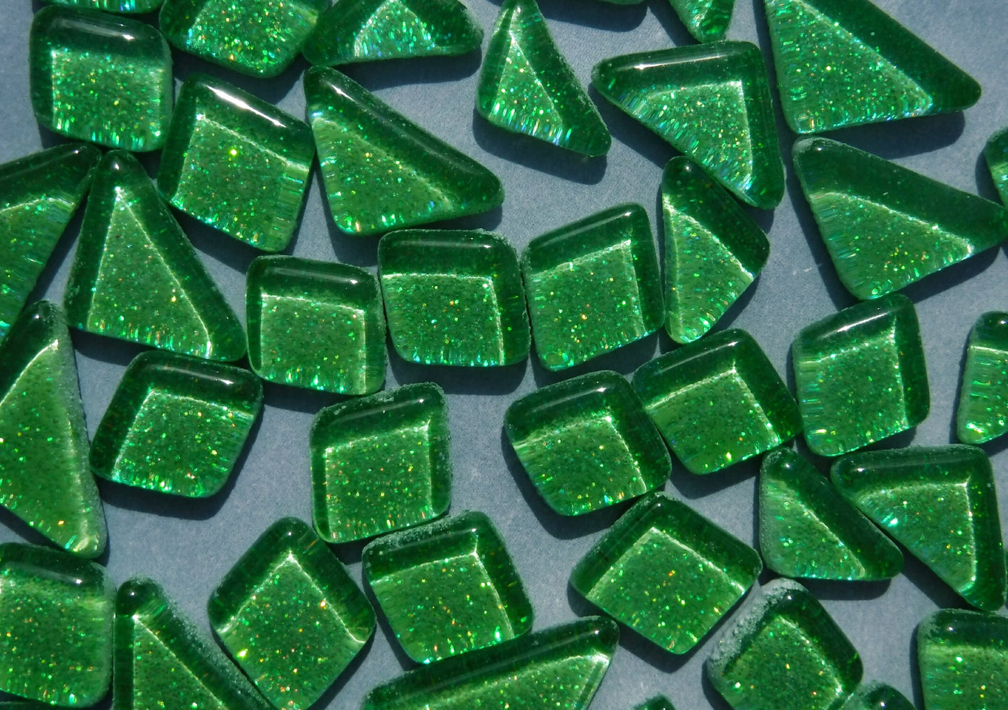 Bright Candy Green Glitter Puzzle Tiles - 100 grams in Assorted Shapes Glass Mosaic Tiles