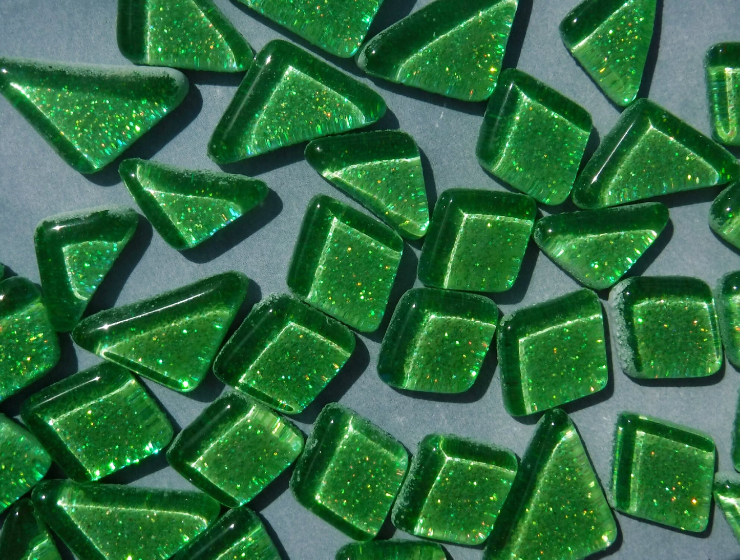 Bright Candy Green Glitter Puzzle Tiles - 100 grams in Assorted Shapes Glass Mosaic Tiles