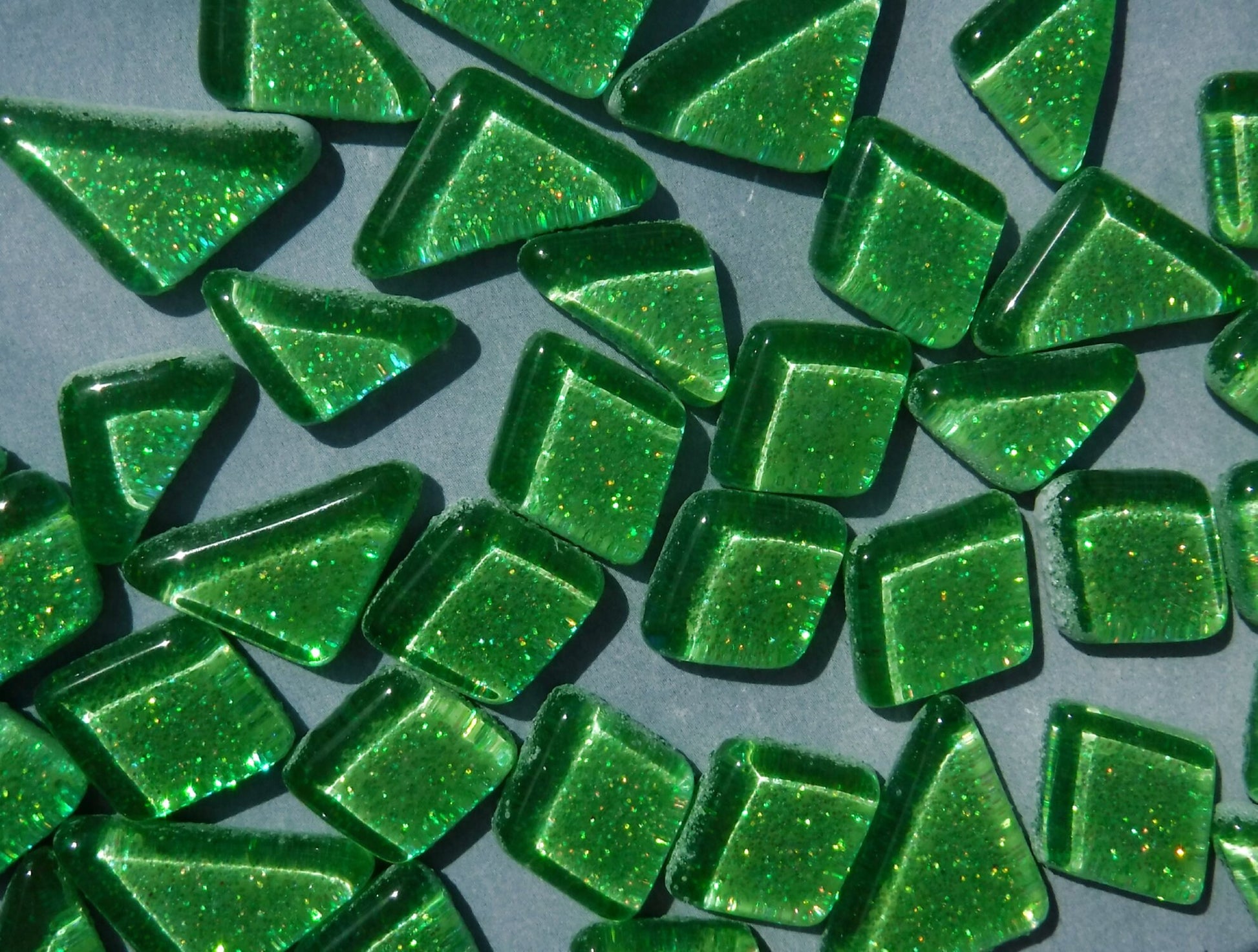 Bright Candy Green Glitter Puzzle Tiles - 100 grams in Assorted Shapes Glass Mosaic Tiles