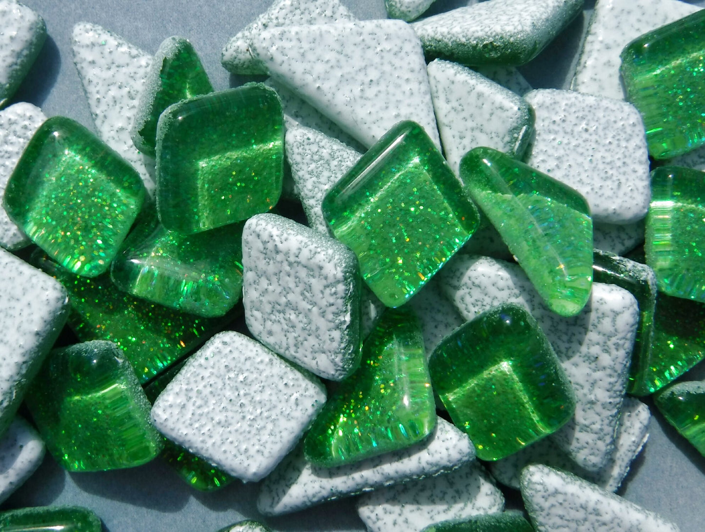 Bright Candy Green Glitter Puzzle Tiles - 100 grams in Assorted Shapes Glass Mosaic Tiles