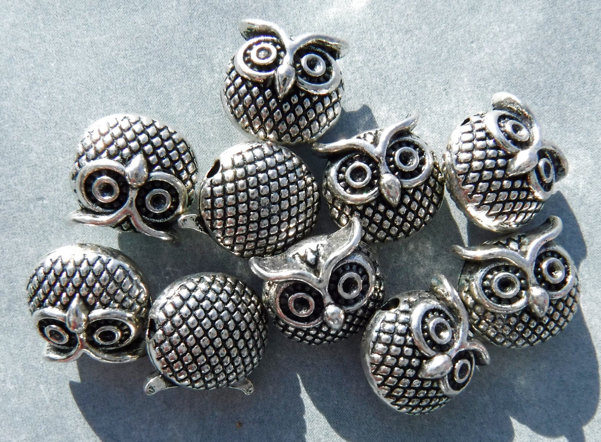 Metal Owl Beads - Silver-Toned 11mm Round Puffy - 10 Beads