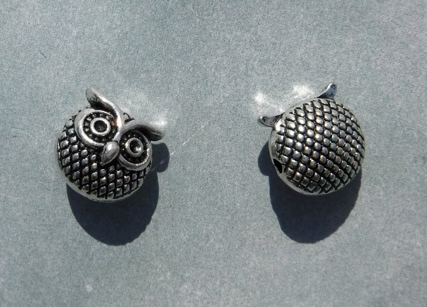 Metal Owl Beads - Silver-Toned 11mm Round Puffy - 10 Beads