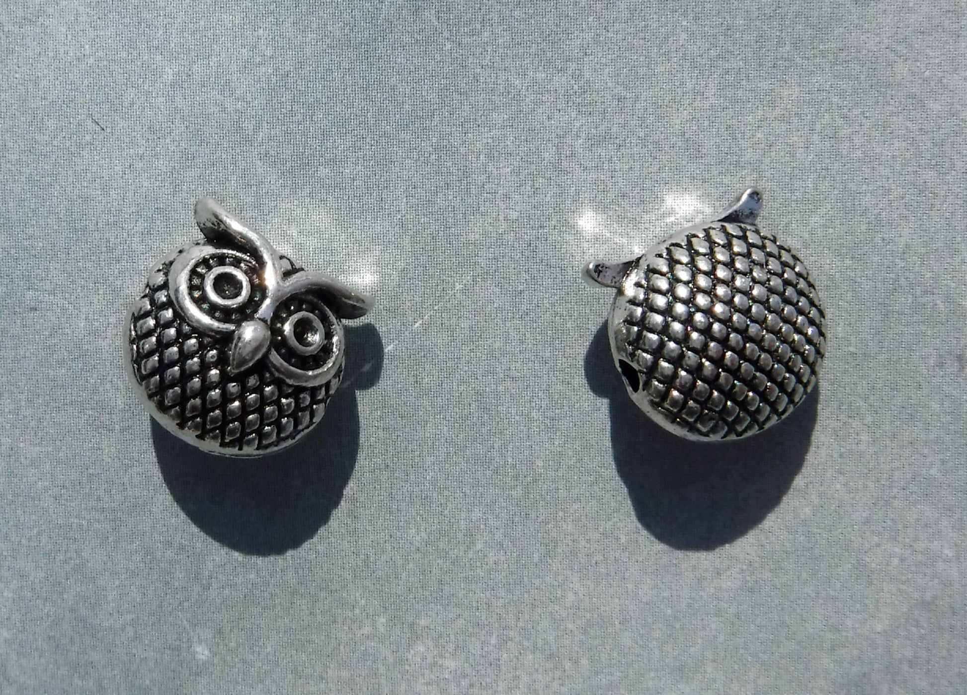 Metal Owl Beads - Silver-Toned 11mm Round Puffy - 10 Beads