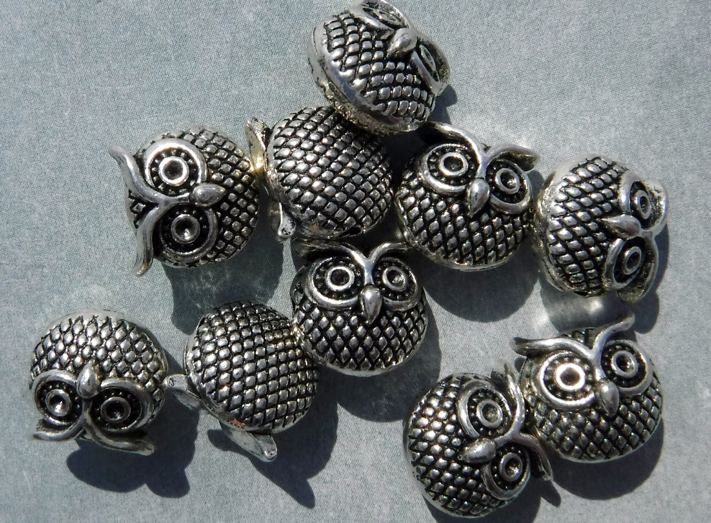 Metal Owl Beads - Silver-Toned 11mm Round Puffy - 10 Beads