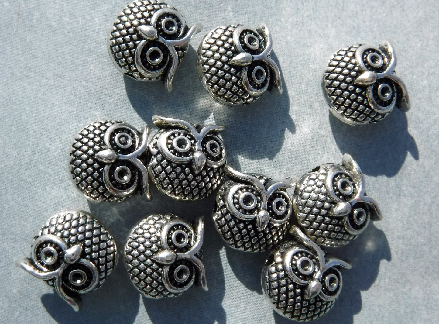 Metal Owl Beads - Silver-Toned 11mm Round Puffy - 10 Beads