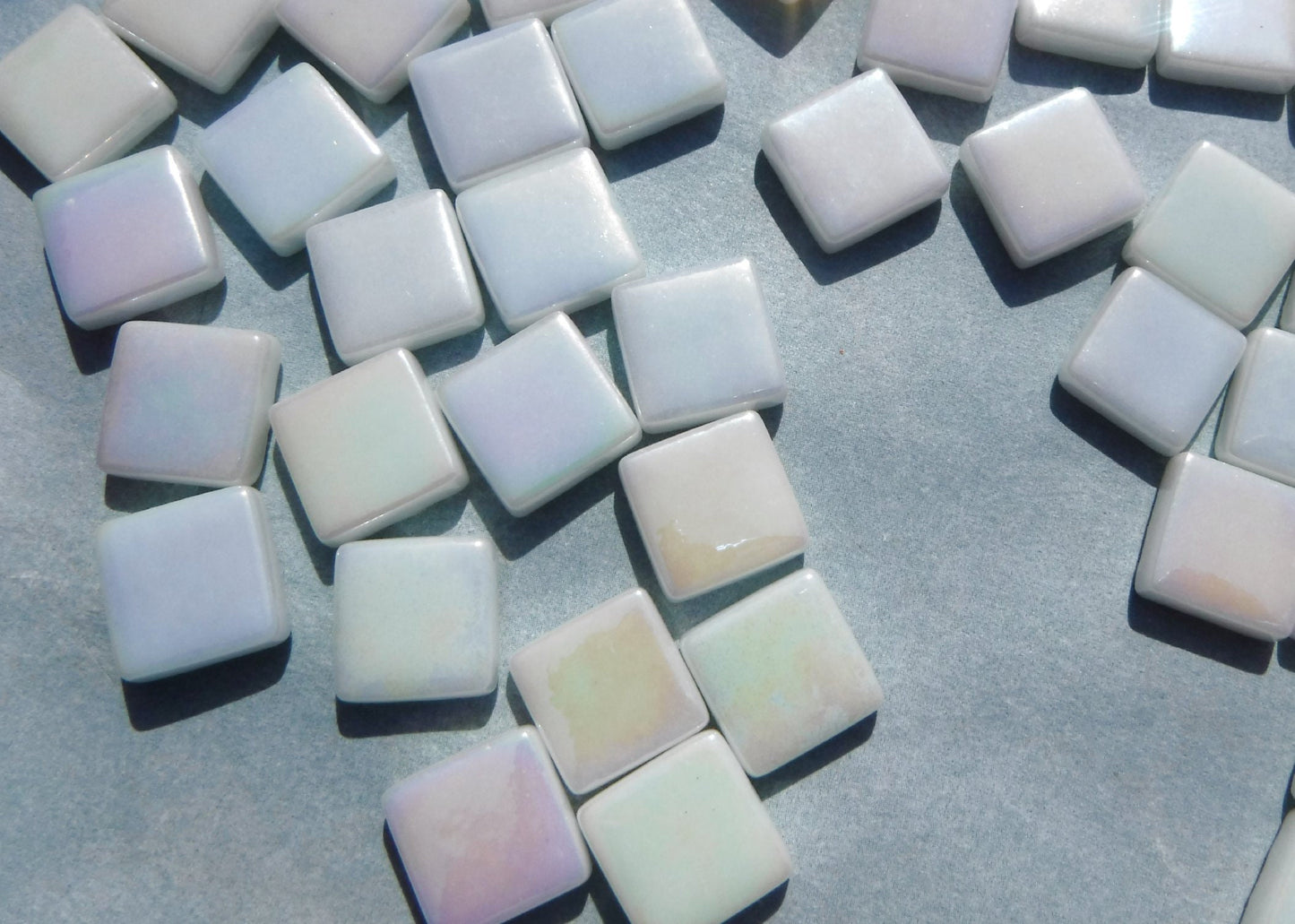 White Iridescent Glass Square Mosaic Tiles - 12mm - Opal Opaque Glass Solid Color - 50g - Approx 35 Tiles