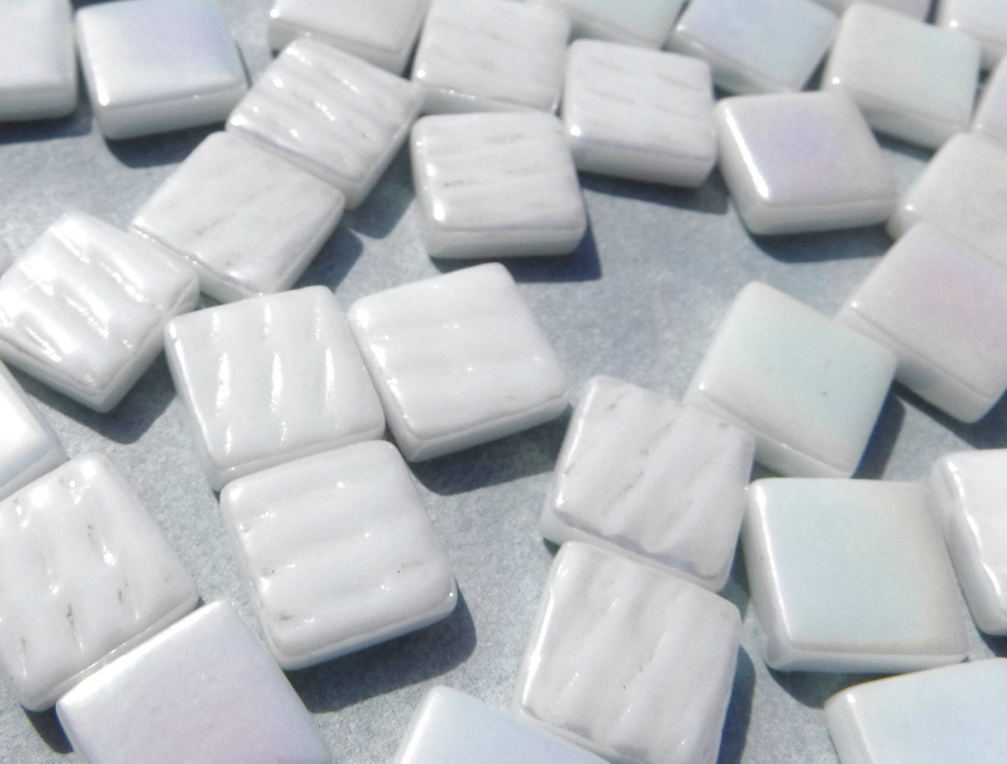 White Iridescent Glass Square Mosaic Tiles - 12mm - Opal Opaque Glass Solid Color - 50g - Approx 35 Tiles