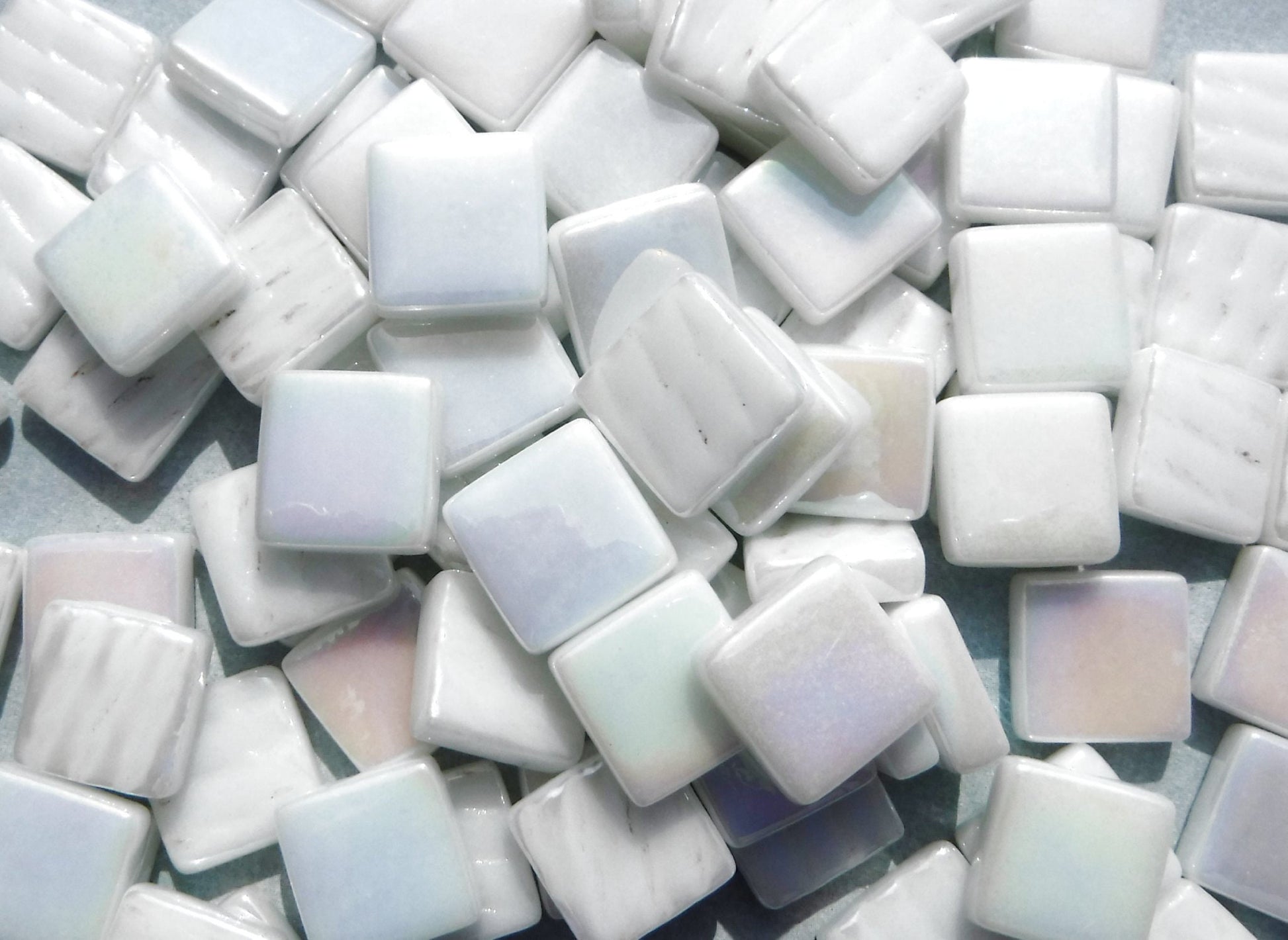 White Iridescent Glass Square Mosaic Tiles - 12mm - Opal Opaque Glass Solid Color - 50g - Approx 35 Tiles