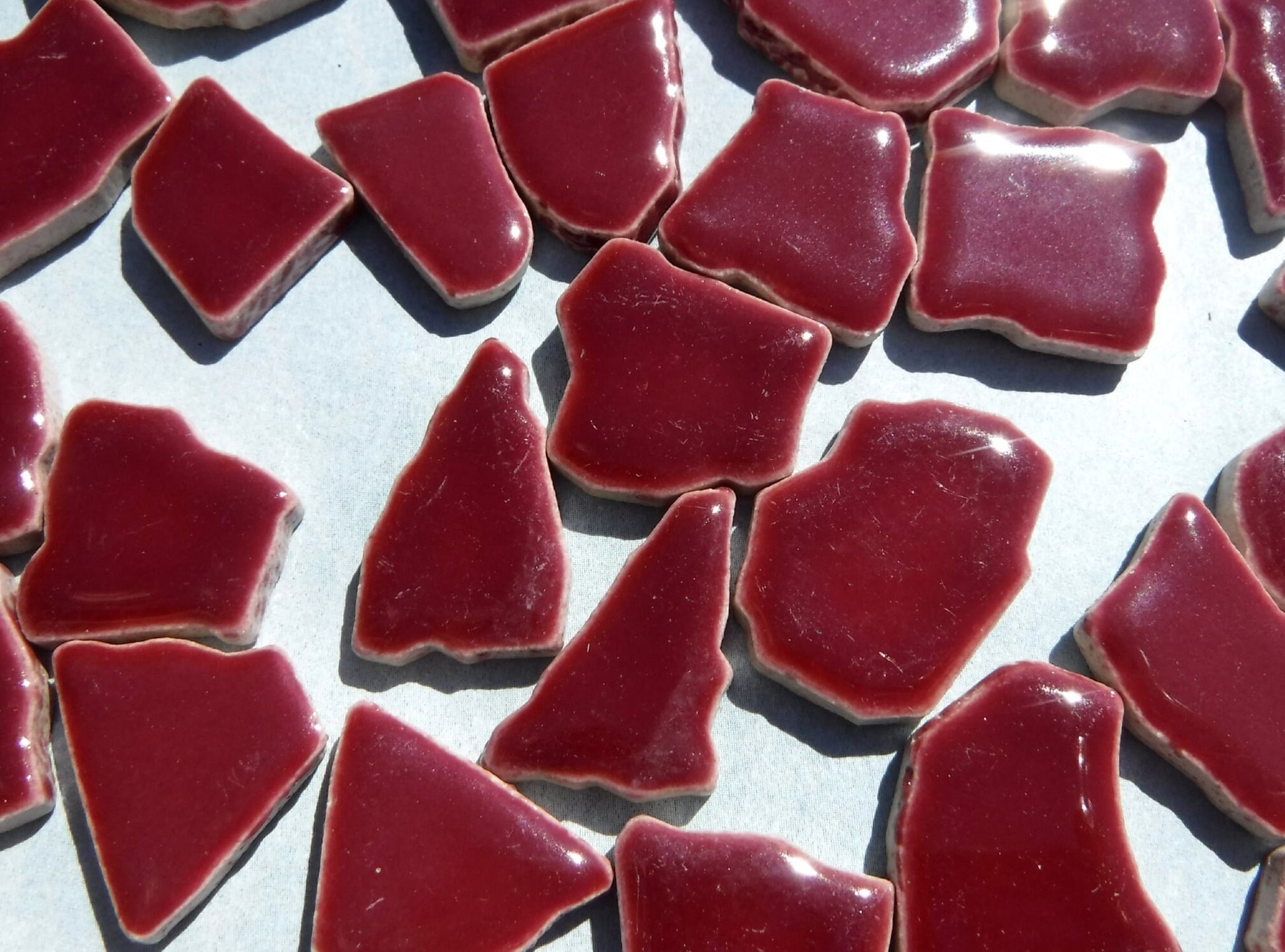 Burgundy Jigsaw Mosaic Ceramic Tiles - Puzzle Shaped Pieces - Half Pound - Assorted Sizes Random Shapes