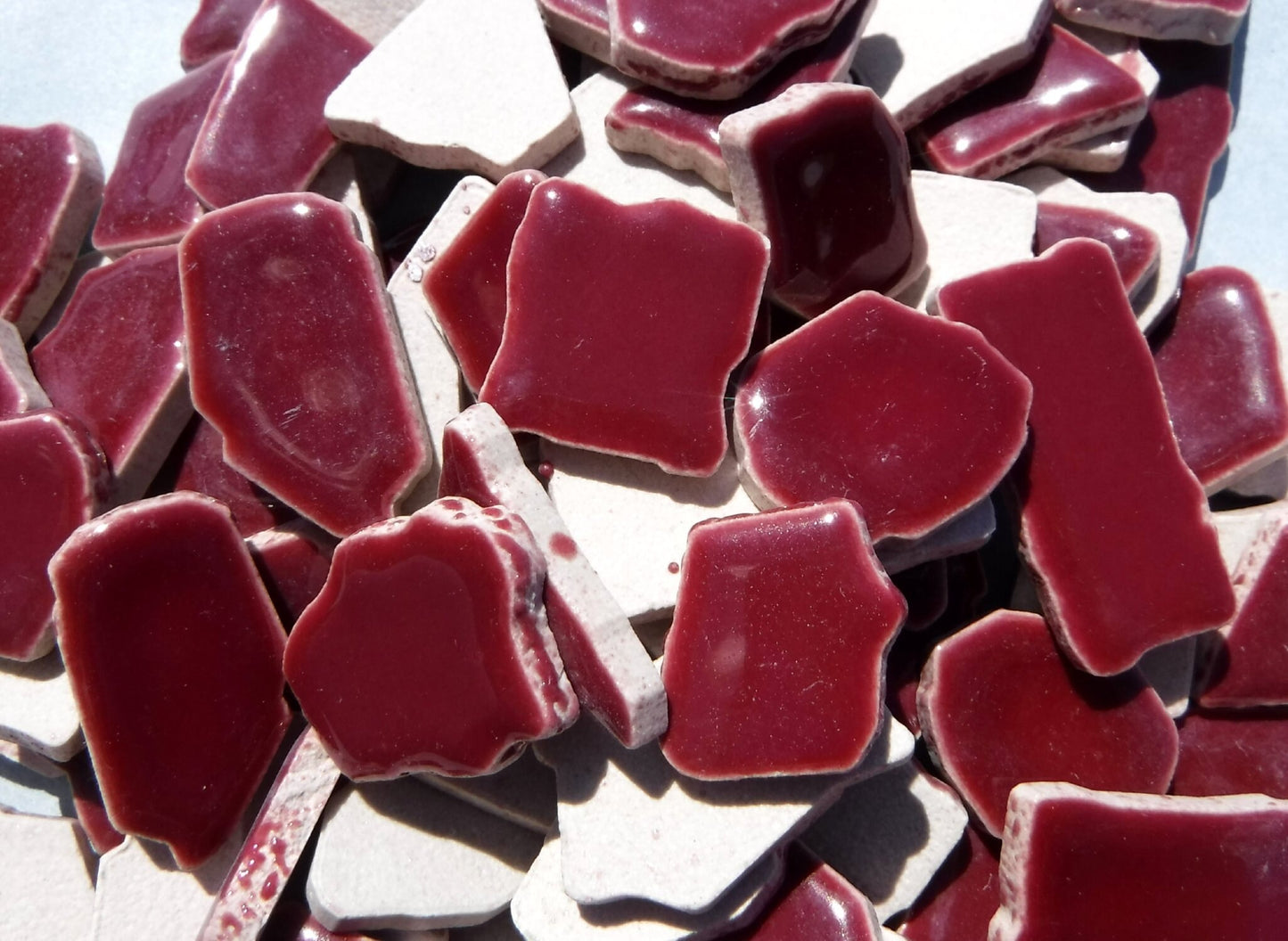 Burgundy Jigsaw Mosaic Ceramic Tiles - Puzzle Shaped Pieces - Half Pound - Assorted Sizes Random Shapes