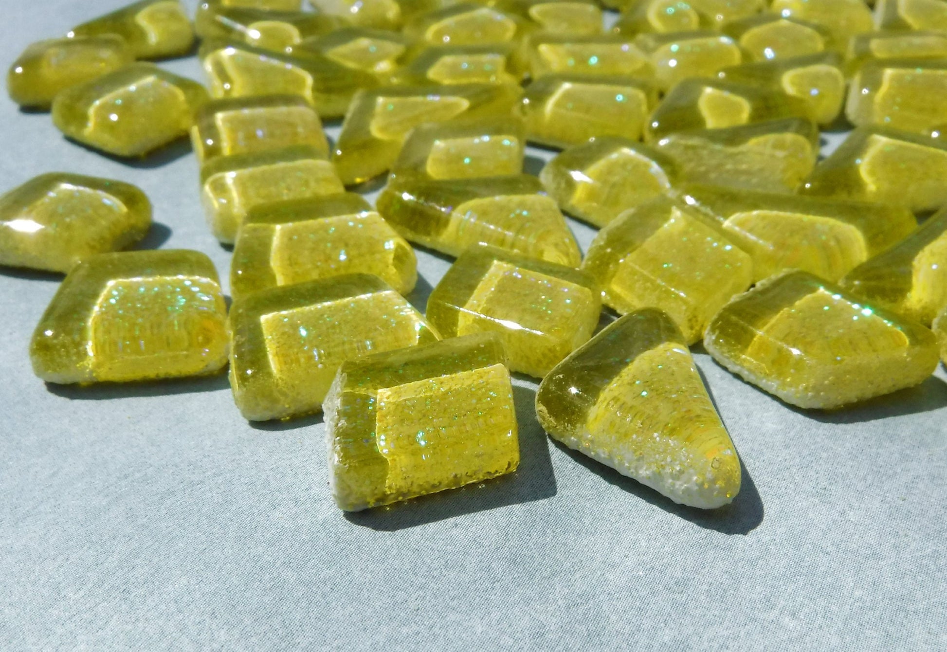 Yellow Glitter Puzzle Tiles - 100 grams in Assorted Shapes Glass Mosaic Tiles - Approx 45 Tiles