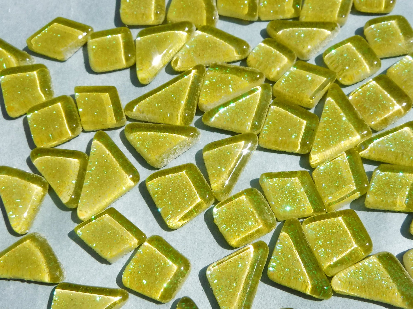 Yellow Glitter Puzzle Tiles - 100 grams in Assorted Shapes Glass Mosaic Tiles - Approx 45 Tiles