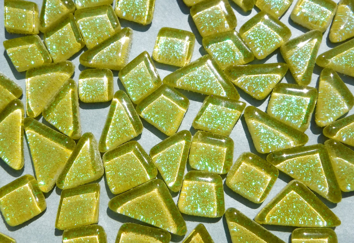 Yellow Glitter Puzzle Tiles - 100 grams in Assorted Shapes Glass Mosaic Tiles - Approx 45 Tiles