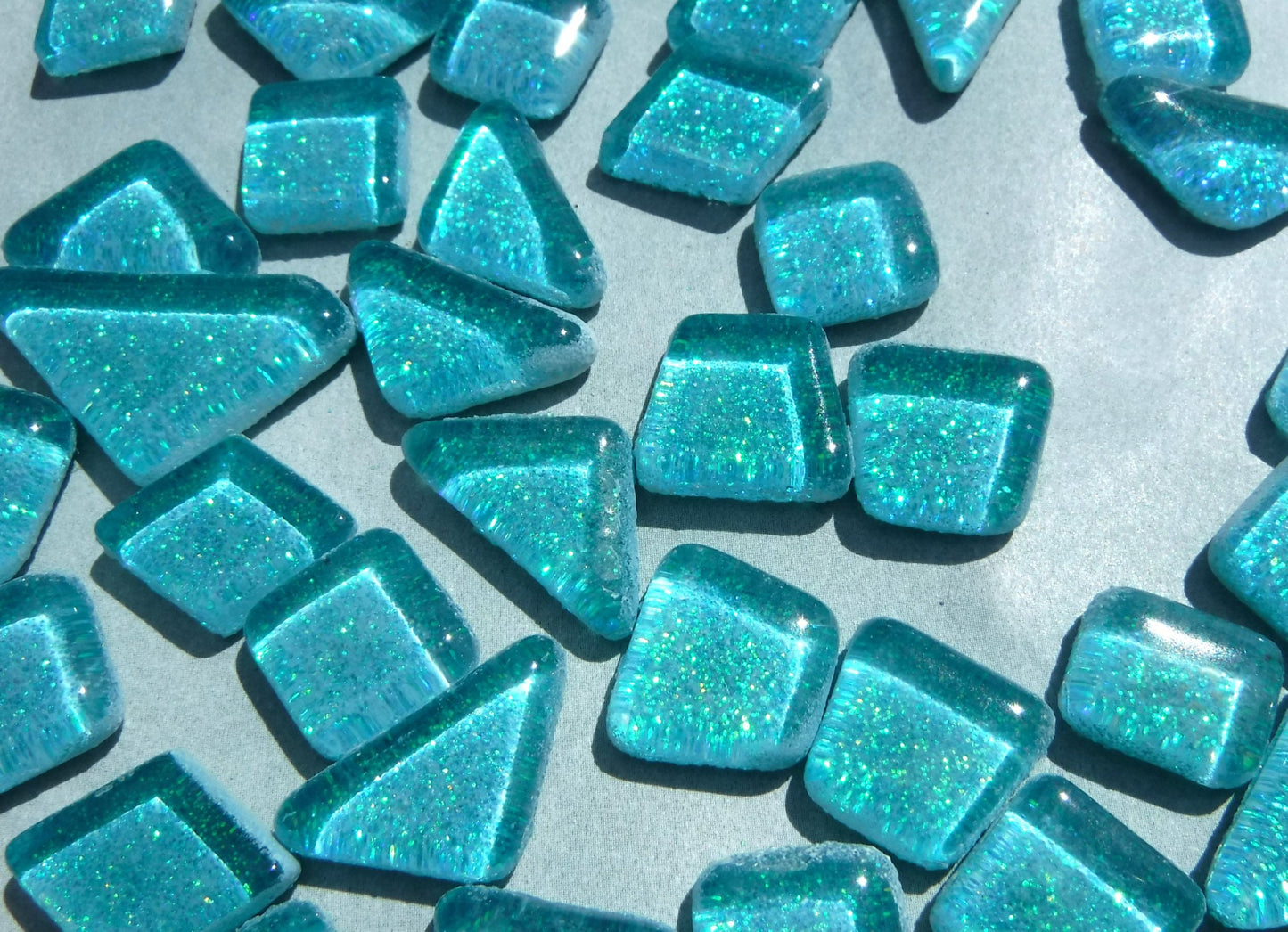 Poolside Blue Glitter Puzzle Tiles - 100 grams in Assorted Shapes Glass Mosaic Tiles