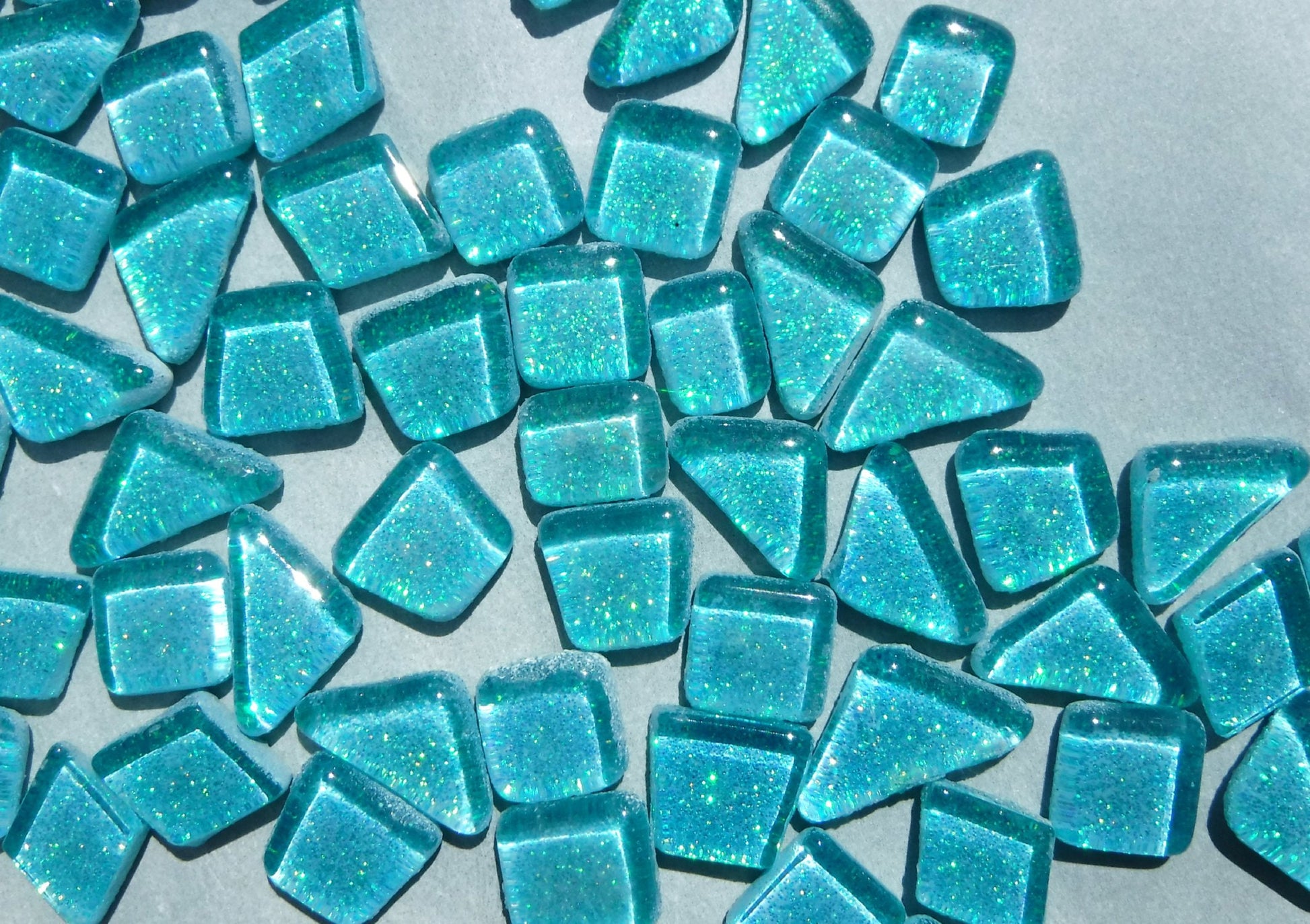 Poolside Blue Glitter Puzzle Tiles - 100 grams in Assorted Shapes Glass Mosaic Tiles