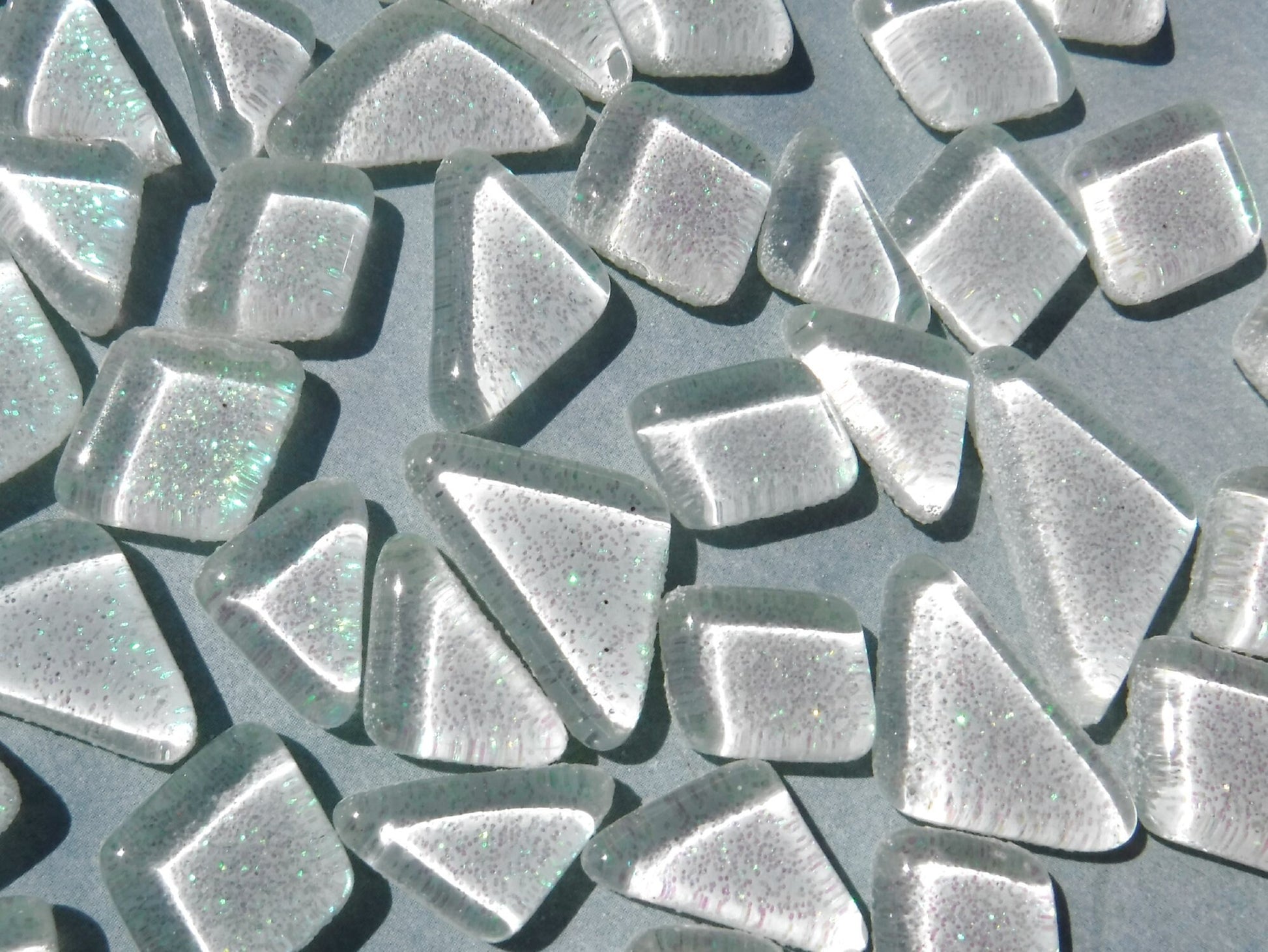 White Glitter Puzzle Tiles - 100 grams in Assorted Shapes Glass Mosaic Tiles - - Snow Icicle