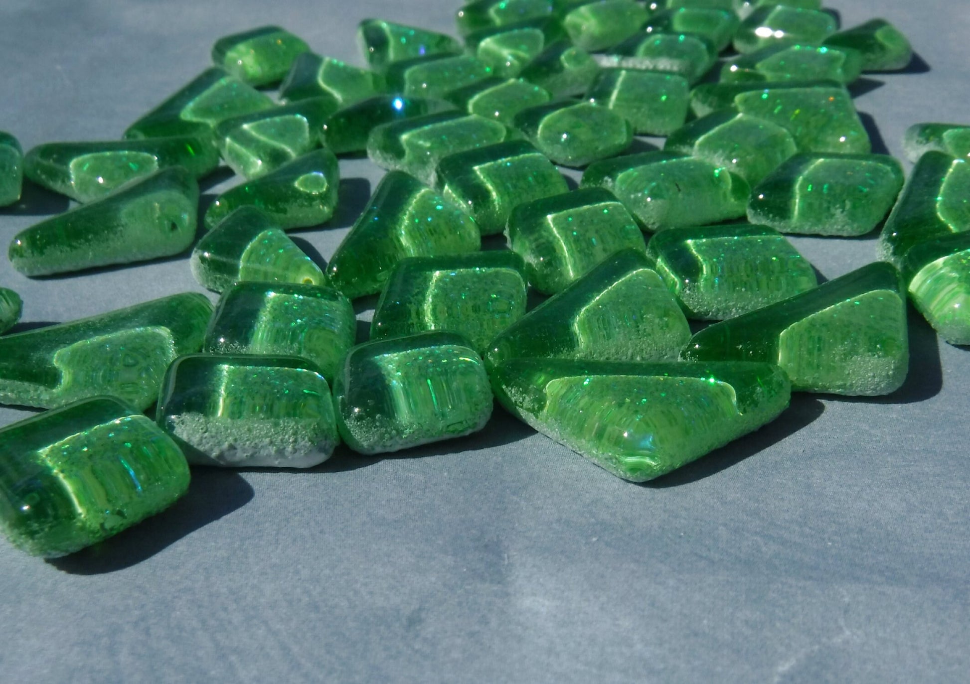 Bright Candy Green Glitter Puzzle Tiles - 100 grams in Assorted Shapes Glass Mosaic Tiles