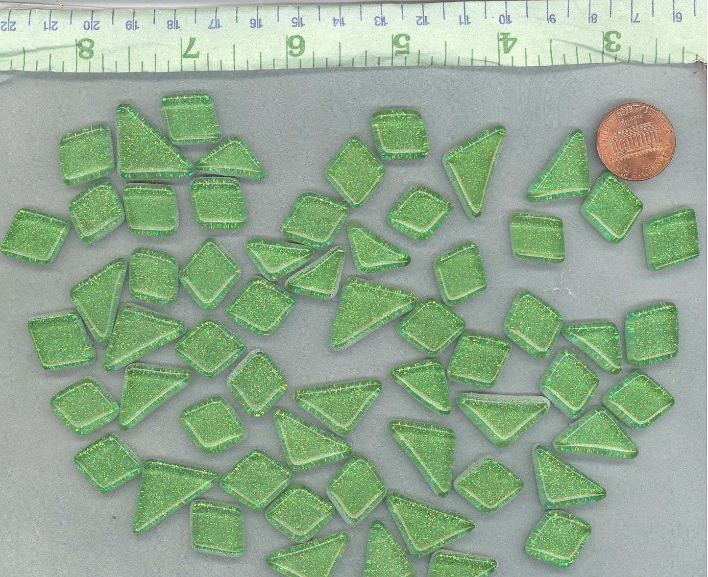 Bright Candy Green Glitter Puzzle Tiles - 100 grams in Assorted Shapes Glass Mosaic Tiles