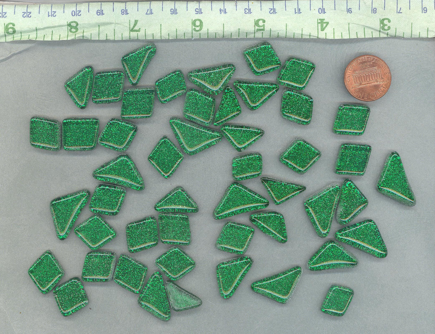 Green Glitter Puzzle Tiles - 100 grams in Assorted Shapes Glass Mosaic Tiles in Deep Forest Green