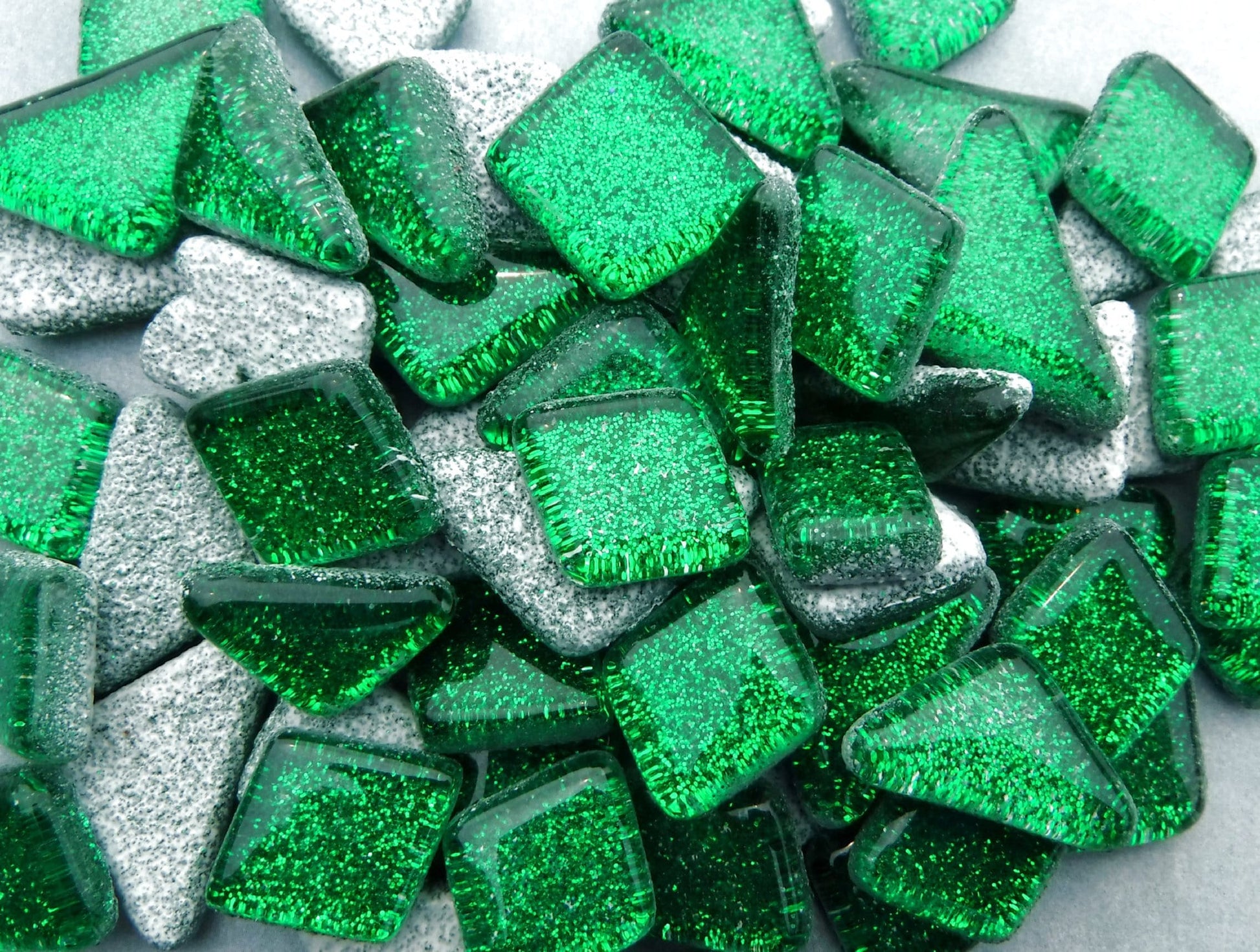 Green Glitter Puzzle Tiles - 100 grams in Assorted Shapes Glass Mosaic Tiles in Deep Forest Green