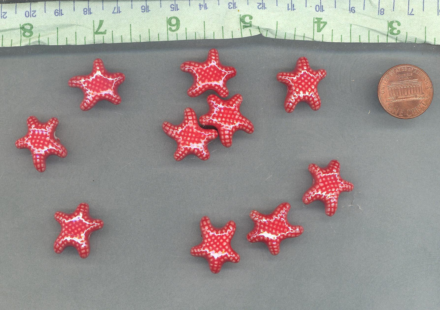 Tomato Red Starfish Beads - Ceramic Mosaic Tiles - 10 Puffy Sea Star - Jewelry Supplies