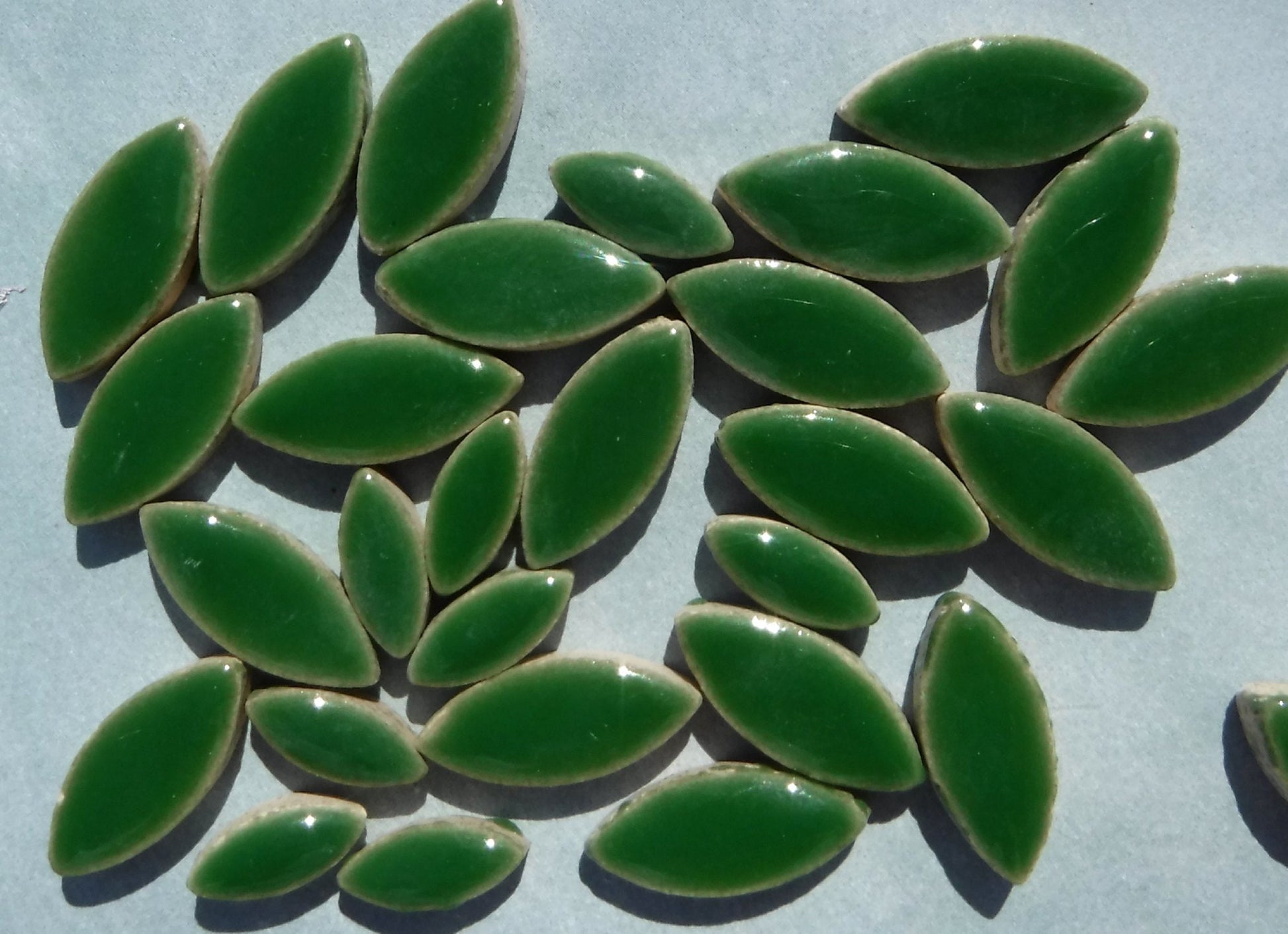 Green Petals Mosaic Tiles - 50g Ceramic Leaves in Mix of 2 Sizes 1/2" and 3/4" - Eucalyptus Green