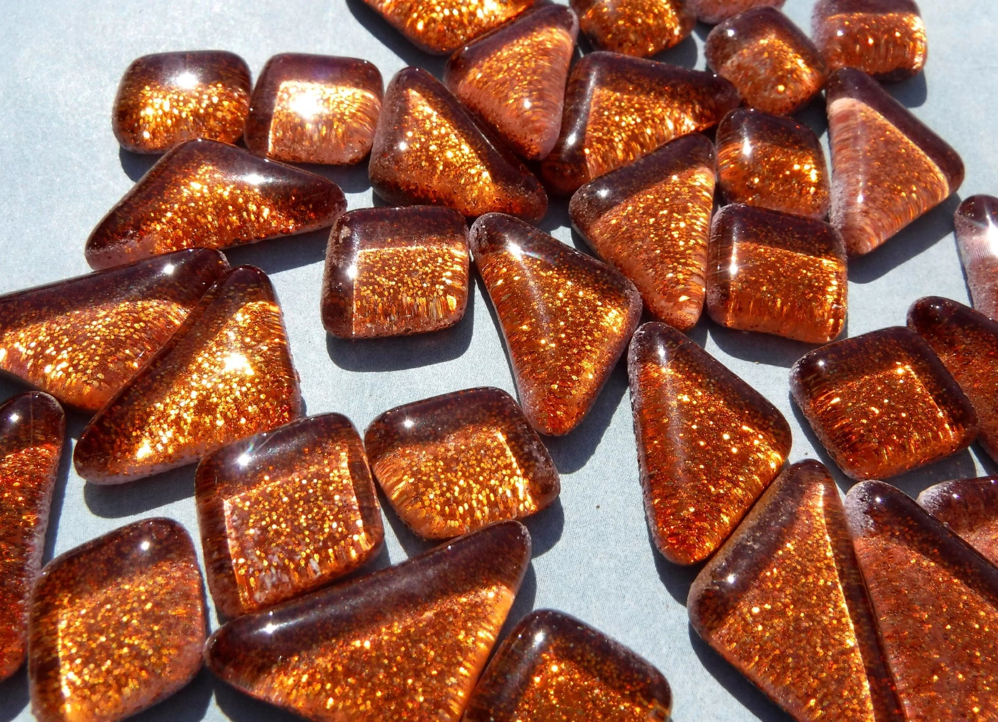 Orange Glitter Puzzle Tiles - 100 grams in Assorted Shapes Glass Mosaic Tiles