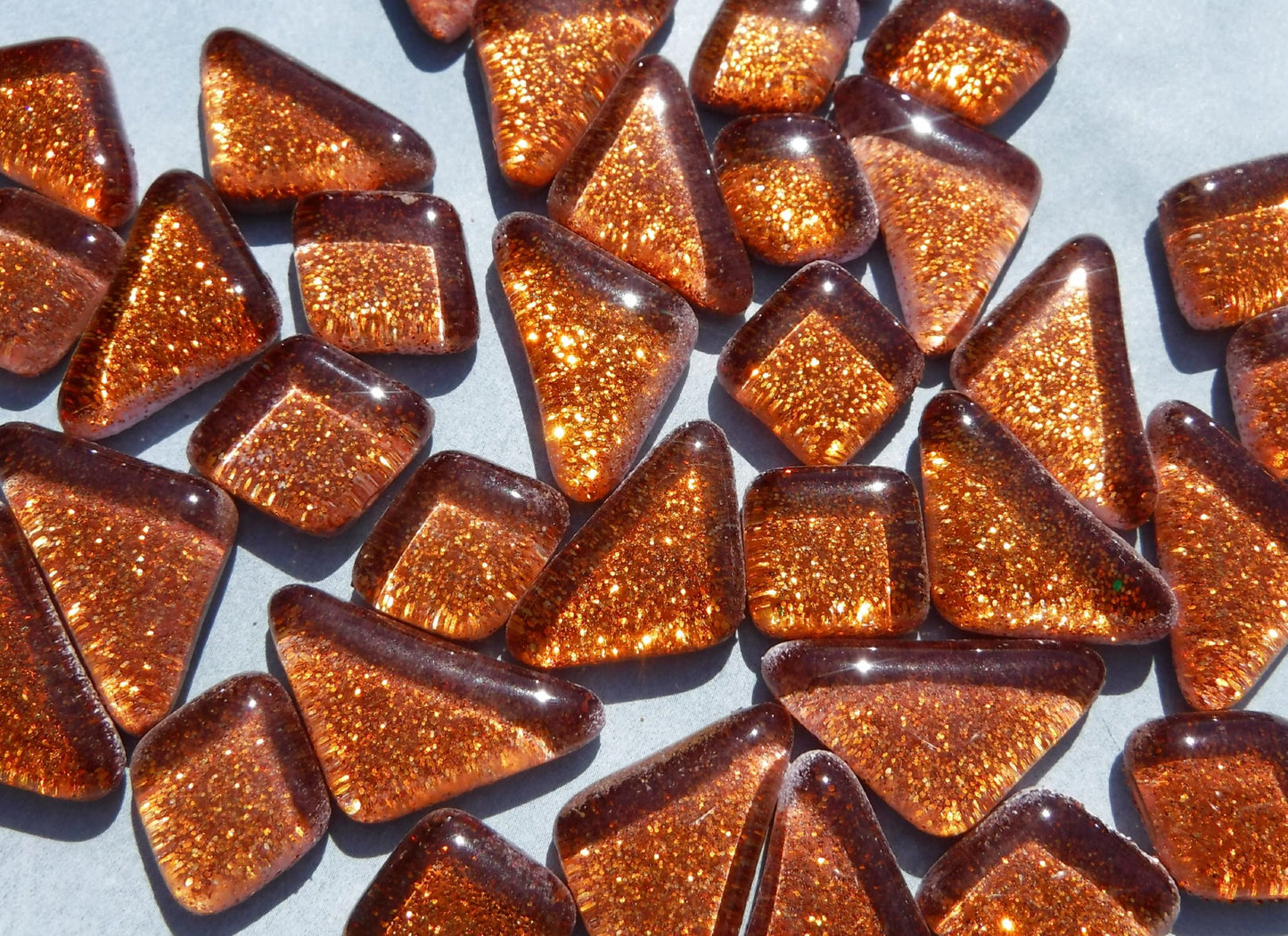 Orange Glitter Puzzle Tiles - 100 grams in Assorted Shapes Glass Mosaic Tiles