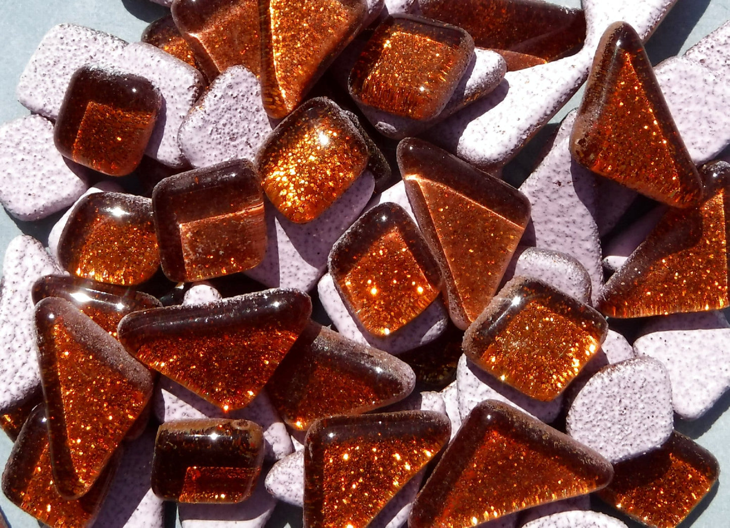 Orange Glitter Puzzle Tiles - 100 grams in Assorted Shapes Glass Mosaic Tiles