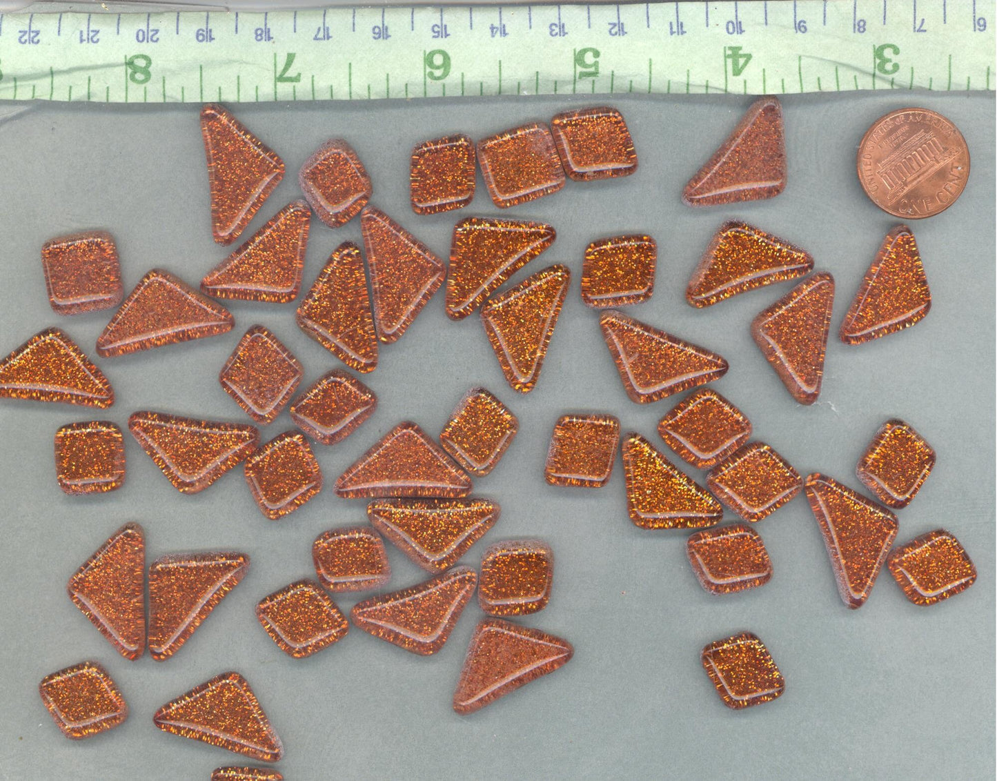 Orange Glitter Puzzle Tiles - 100 grams in Assorted Shapes Glass Mosaic Tiles