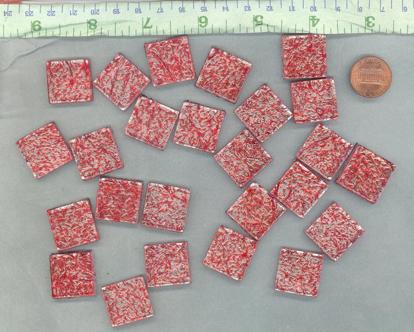 Red Foil Square Tiles - 25 Glass Mosaic Tiles - 20mm