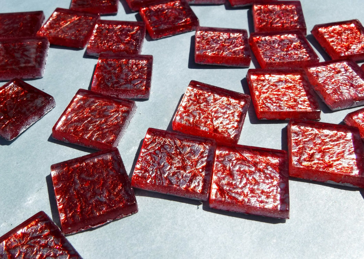 Red Foil Square Tiles - 25 Glass Mosaic Tiles - 20mm